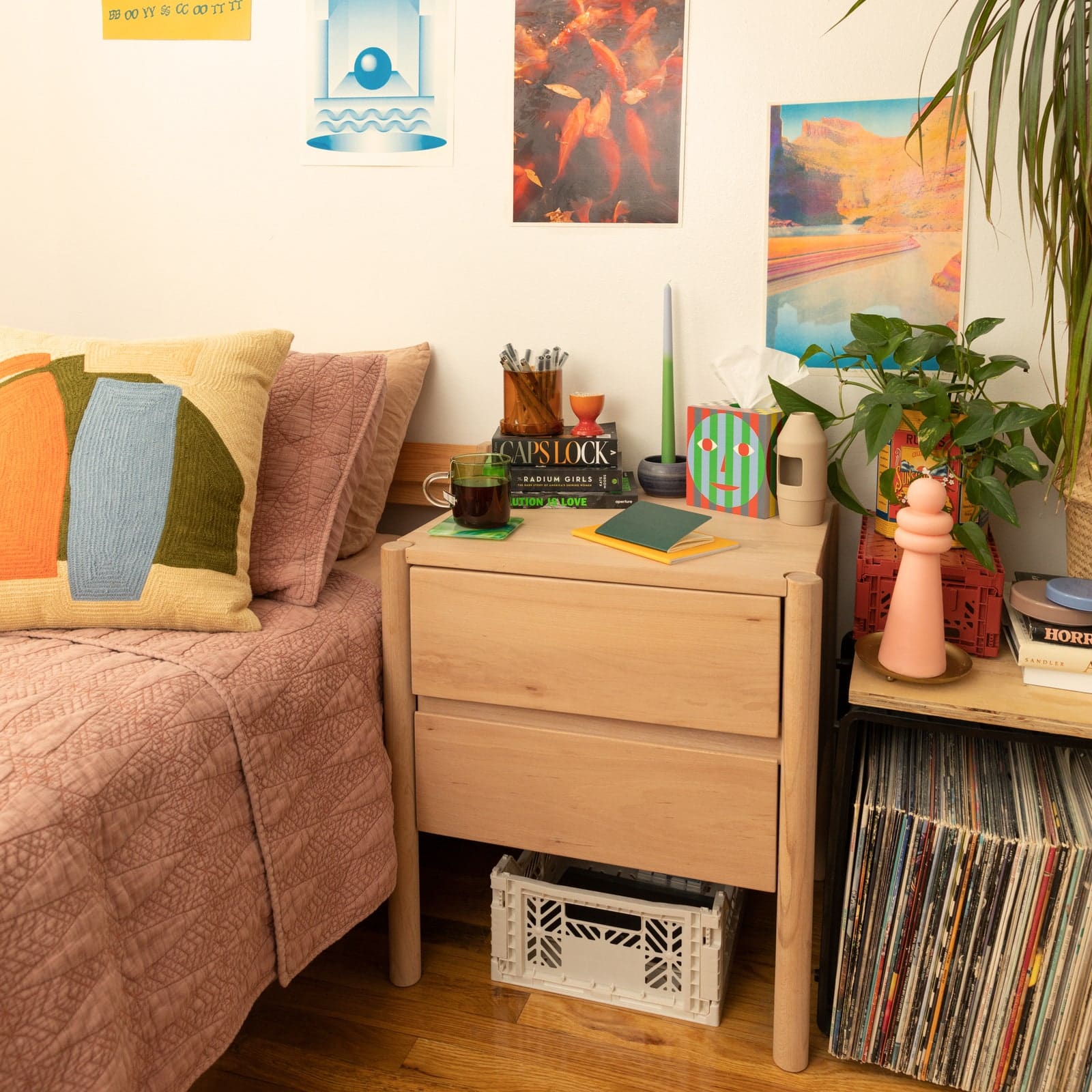 With its sleek Scadniinspired design AllModerns Lukas nightstand is a perfect foil to colorful mismatched decor.