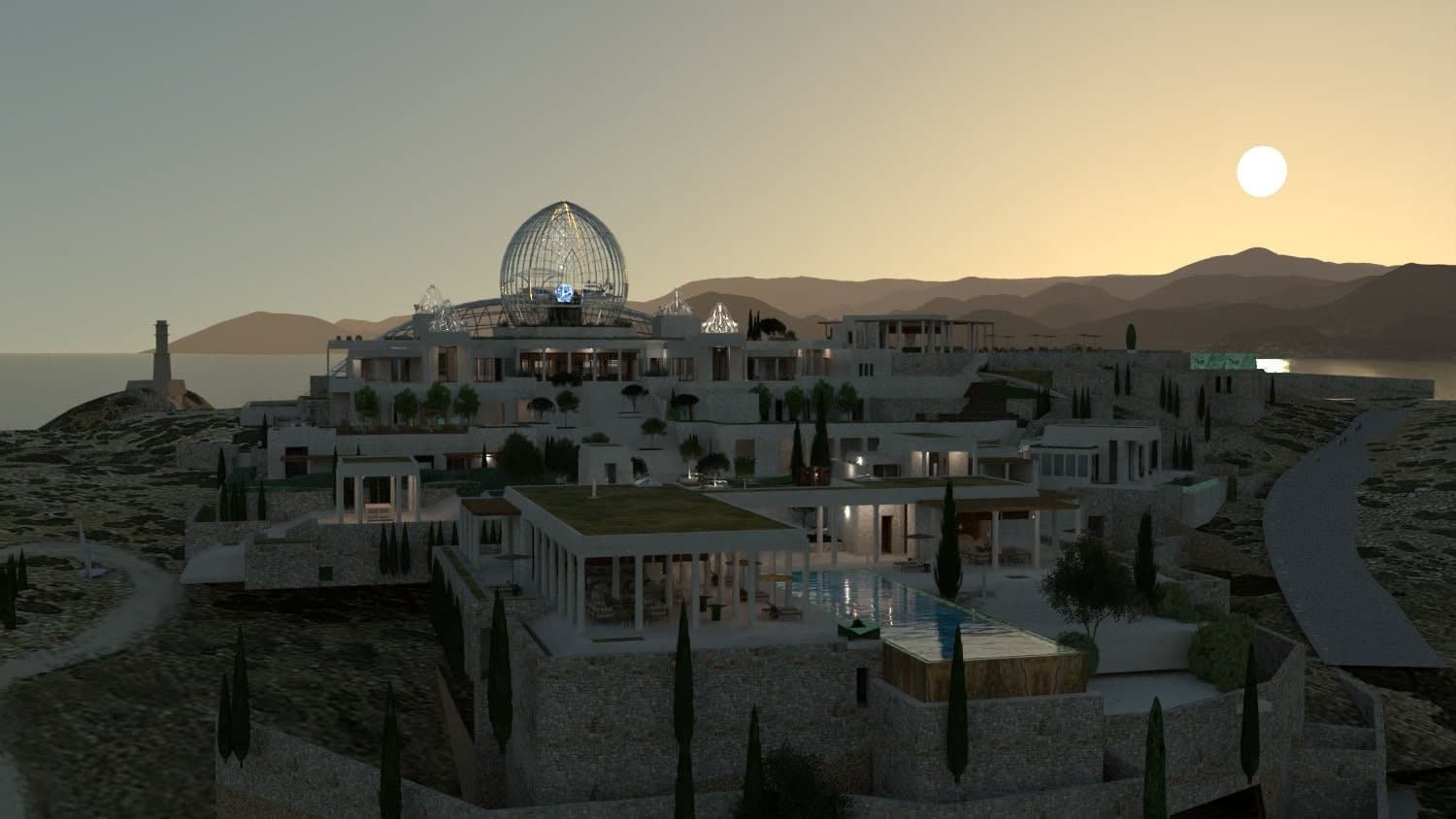 Villa 20 at Amanzoe resort in Porto Heli Greece stood in for the epic mansion in Glass Onion—with the atrium added via...