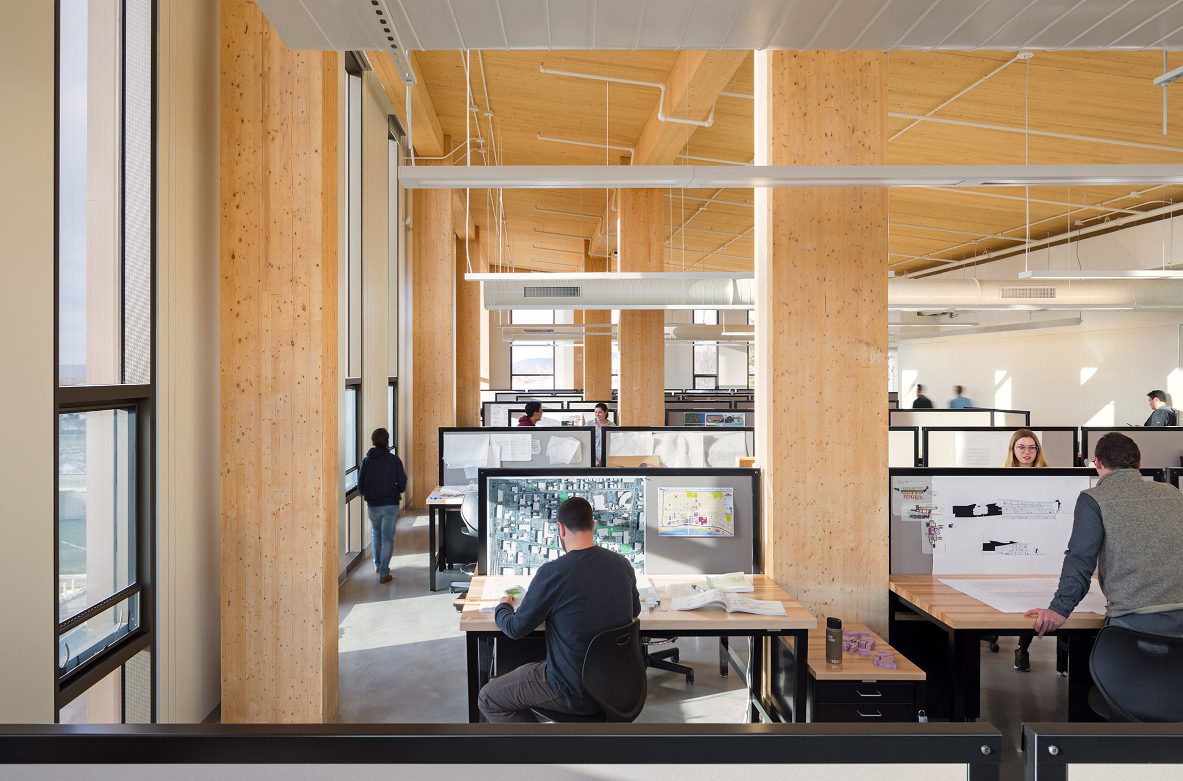 Wooden interior of John W Olver Design Building at the University of Massachusetts 