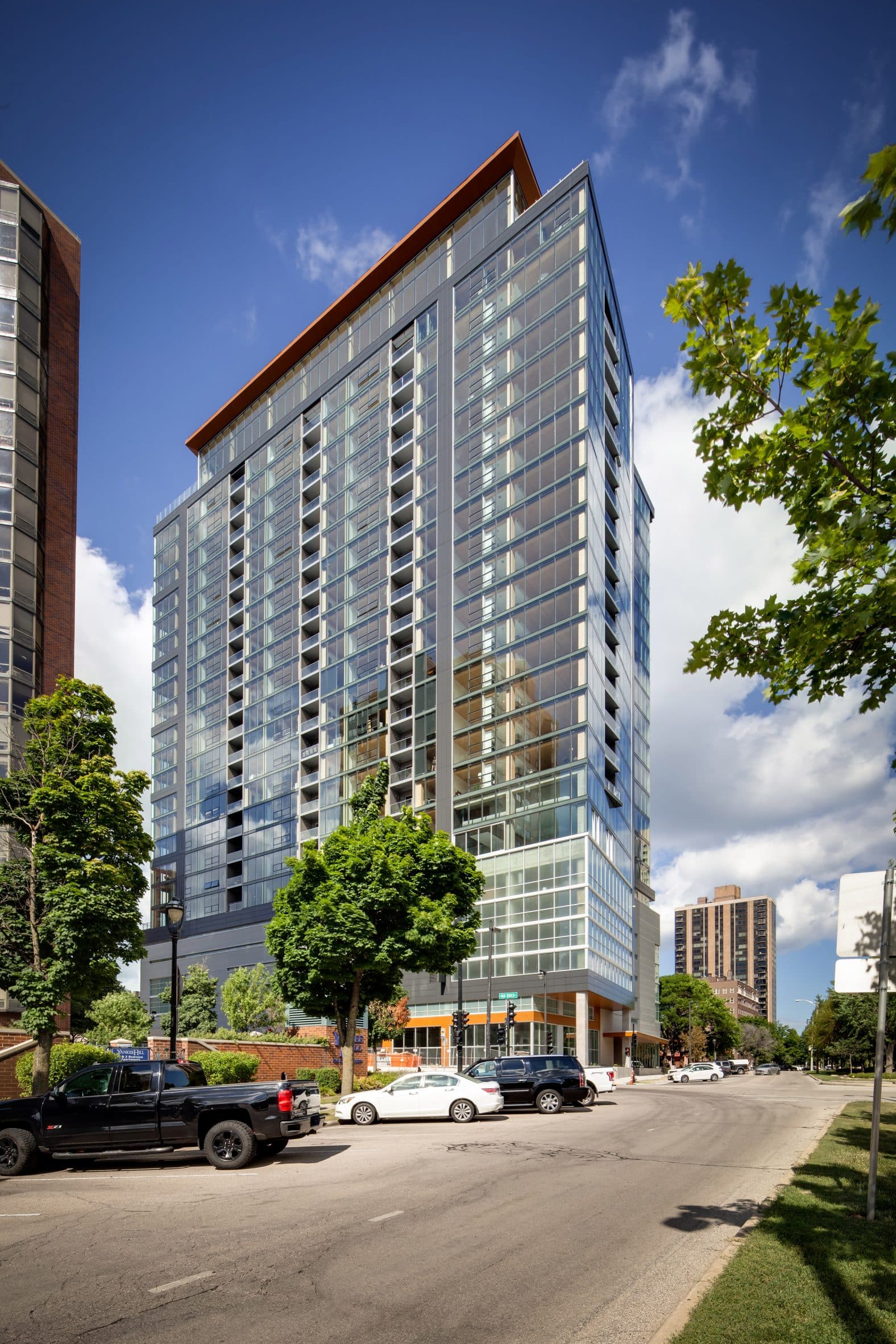 Glass-clad mass-timber tower in Milwaukee