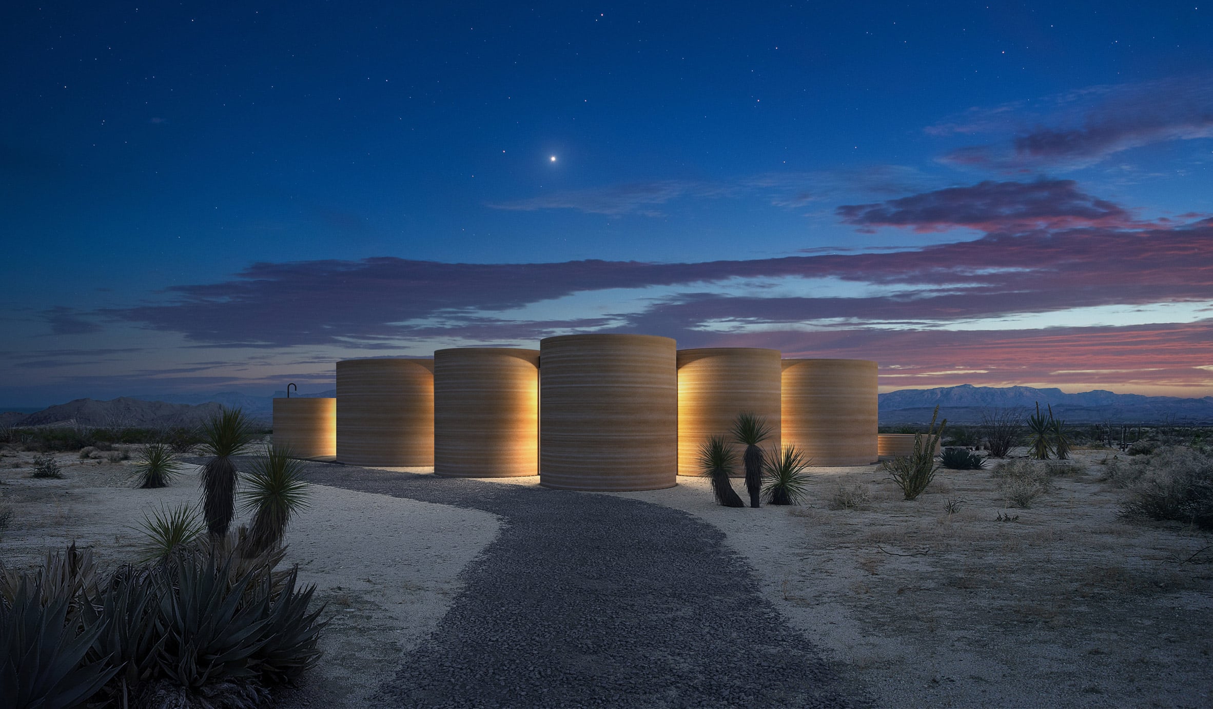 3D printed marfa home at night