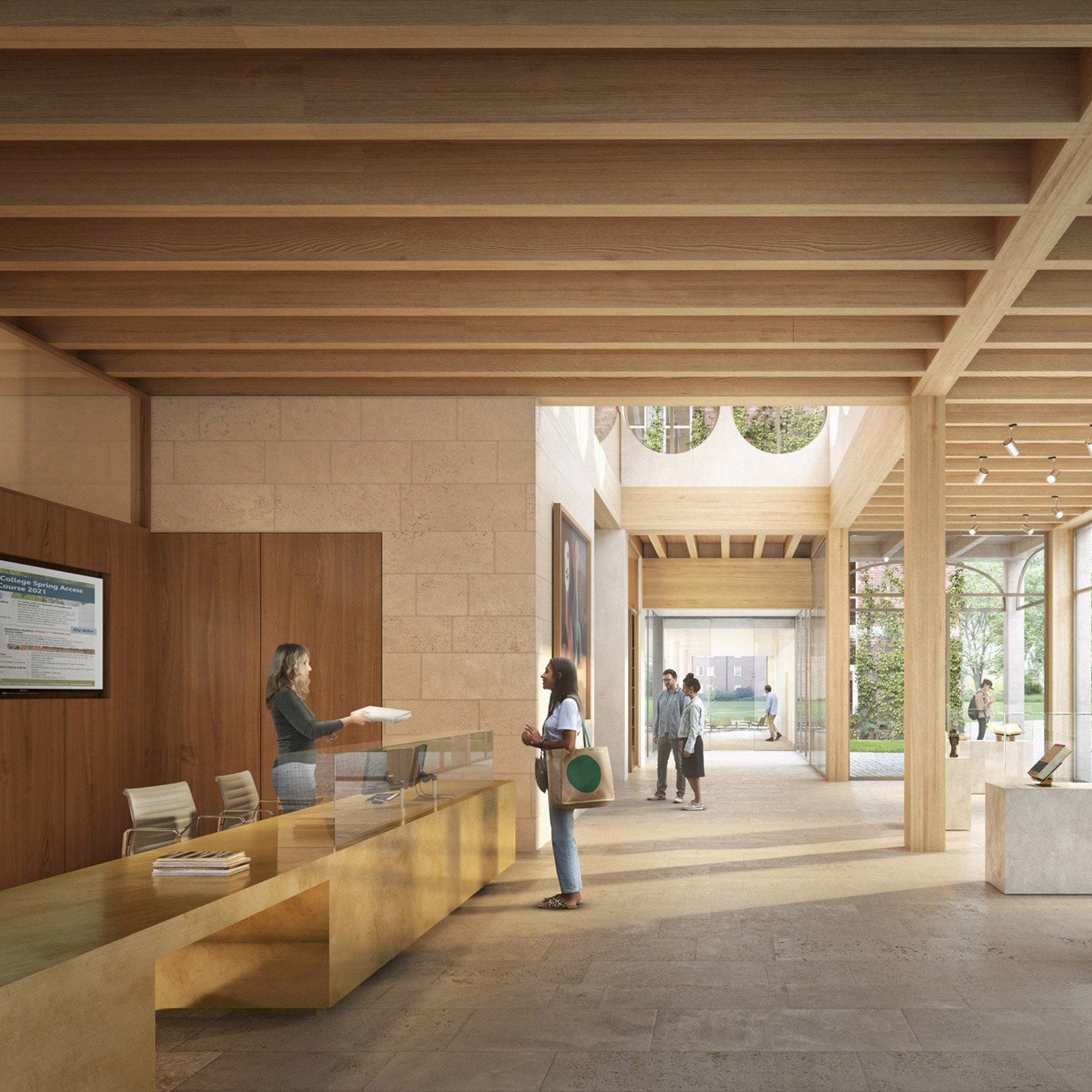 Mass timber interior of Homerton College entrance foyer
