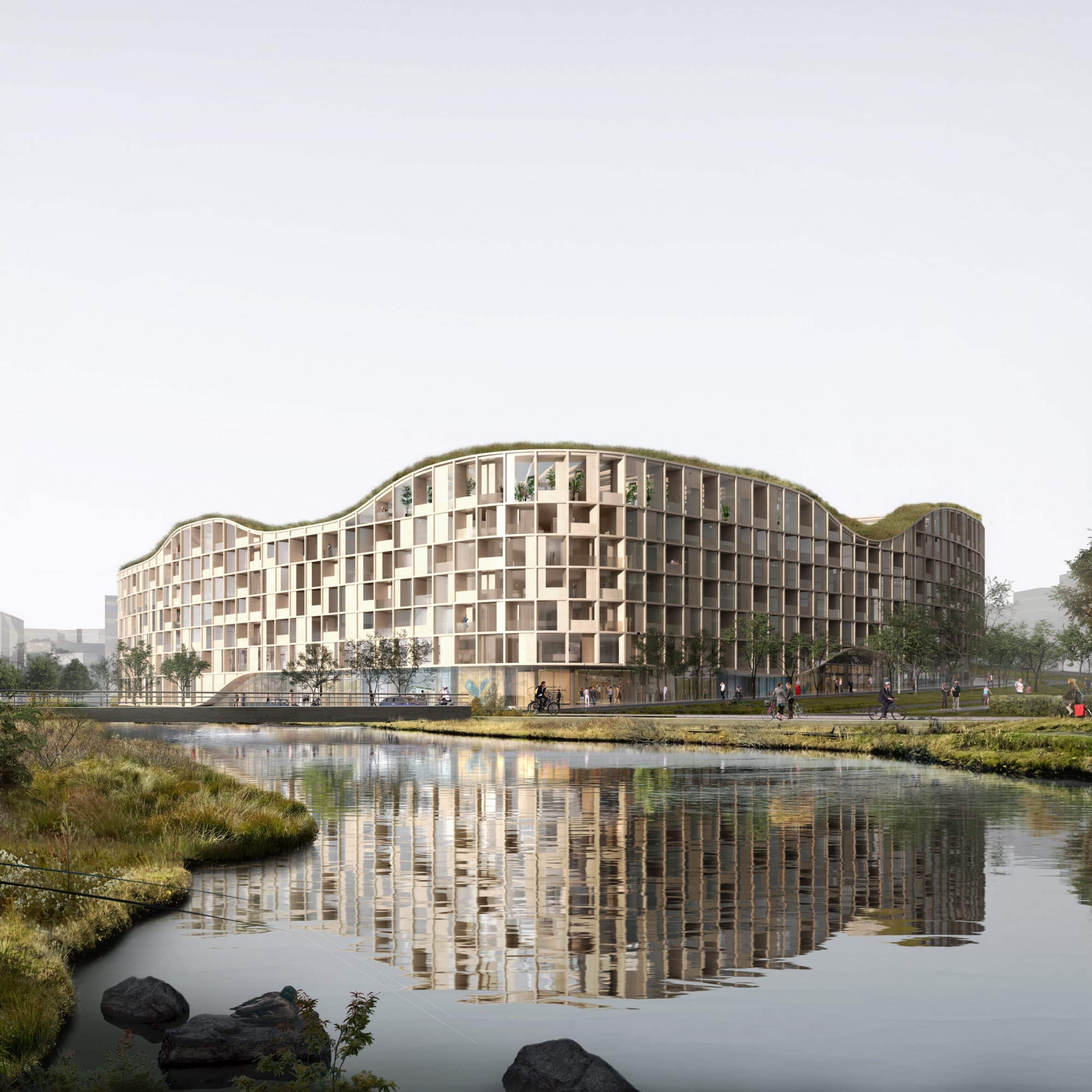 A render of a mass timber building in Iceland