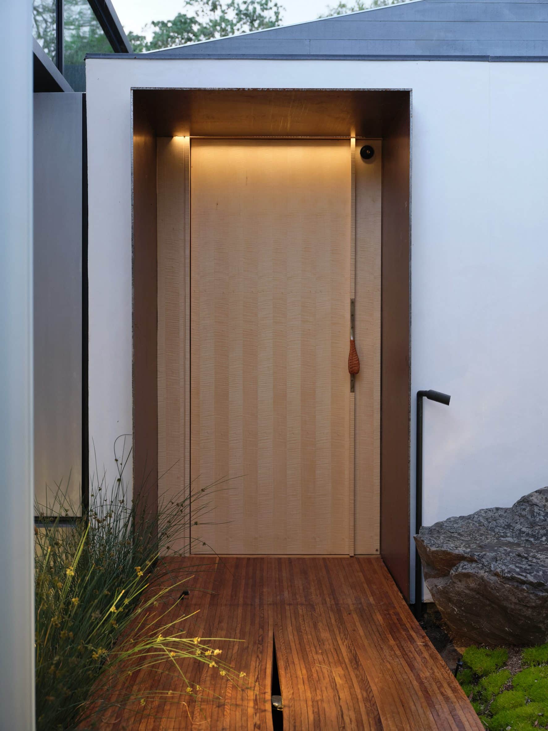 Wabi-sabi style cedar walkway made with offcuts from the construction project by Neal Schwartz