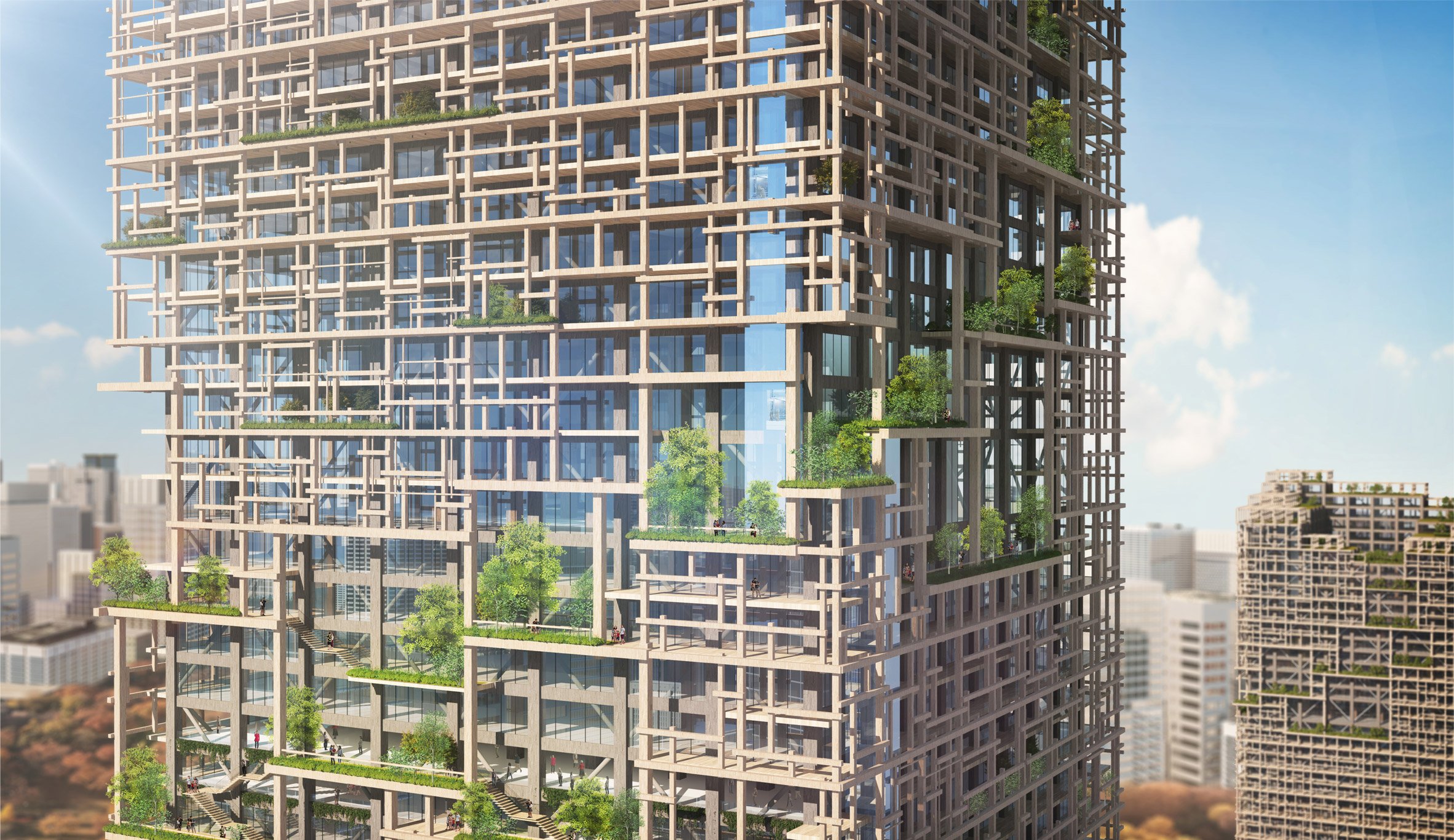 Close-up render of W350 Plan concept by Sumitomo Forestry and Nikken Sekkei