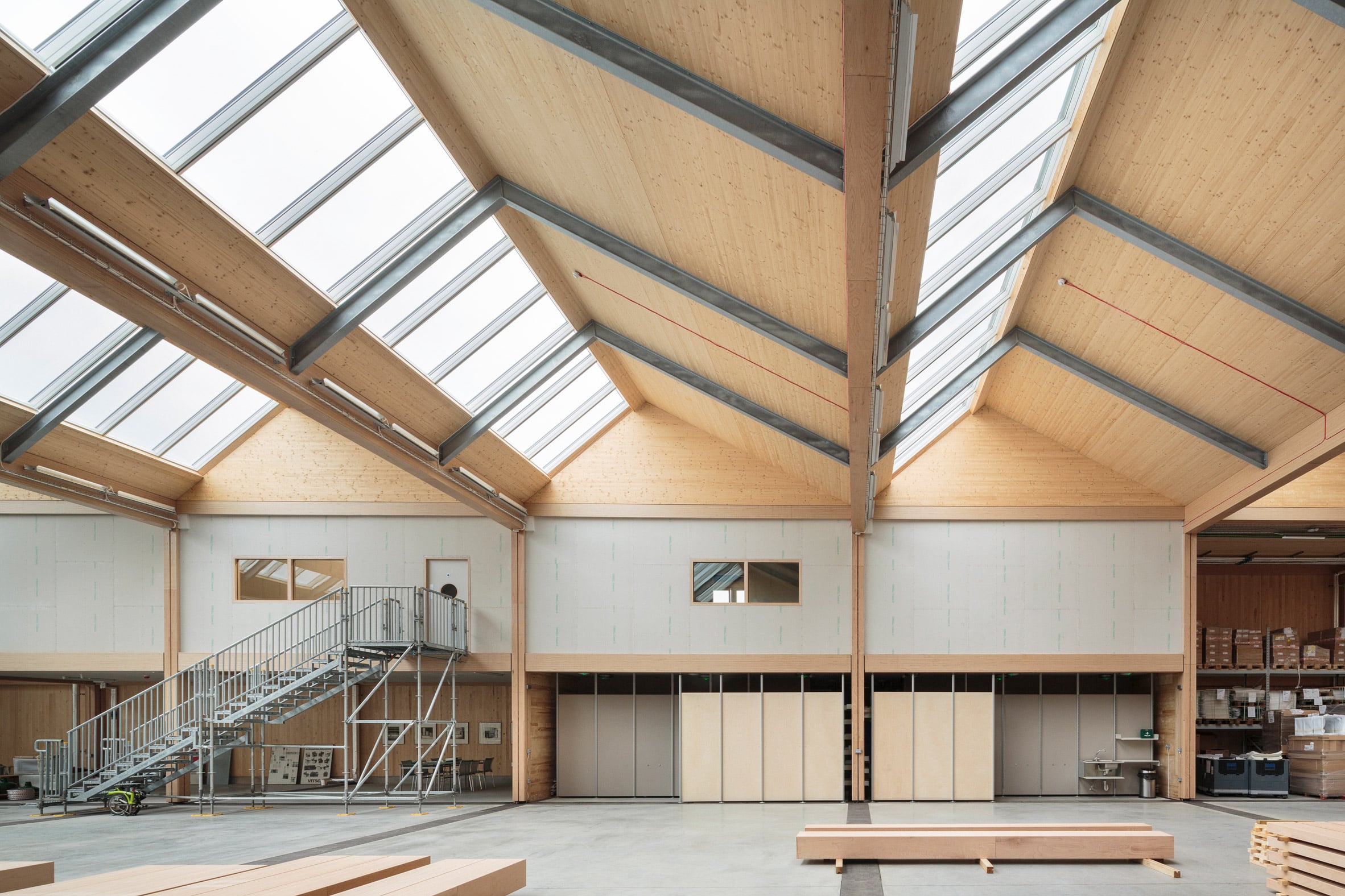 Laminated veneer lumber columns at Vitsœ's headquarters
