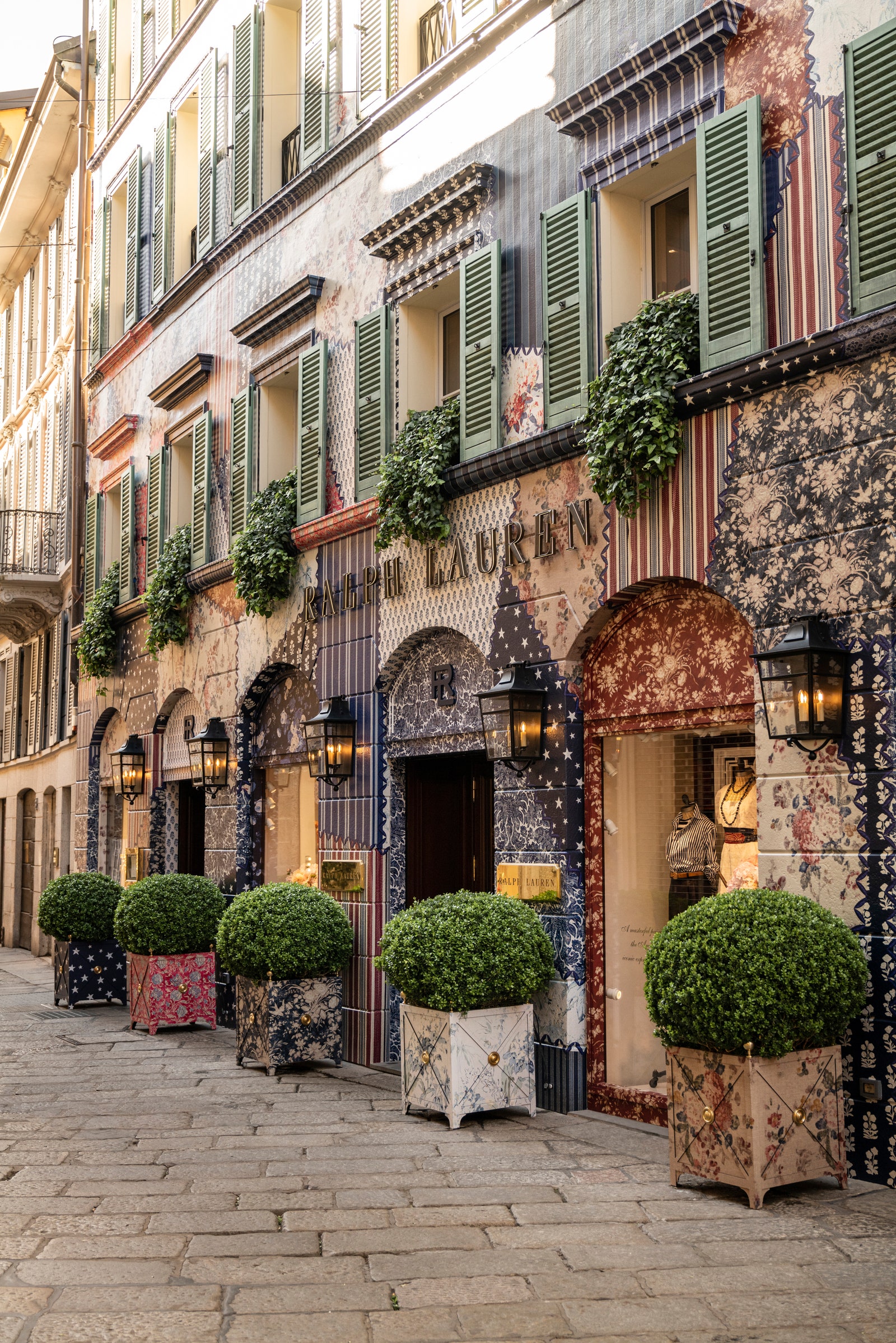 Ralph Laurens Via della Spiga flagship transformed with quiltlike patterning in honor of Milan Design Week.