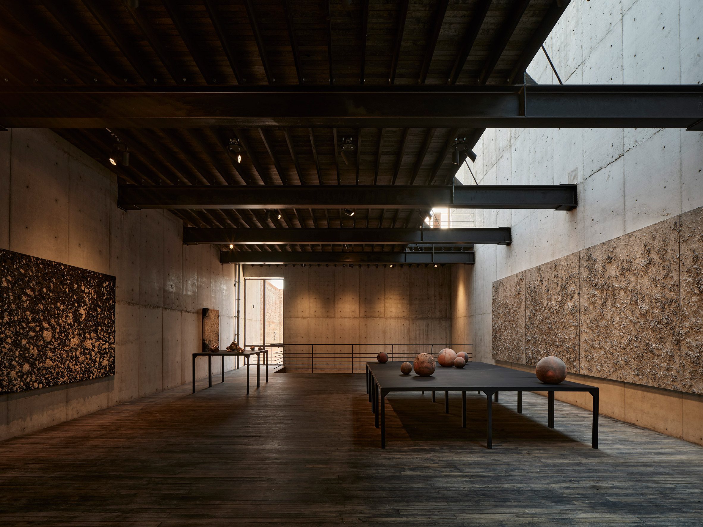 Sculptures under metal ceiling