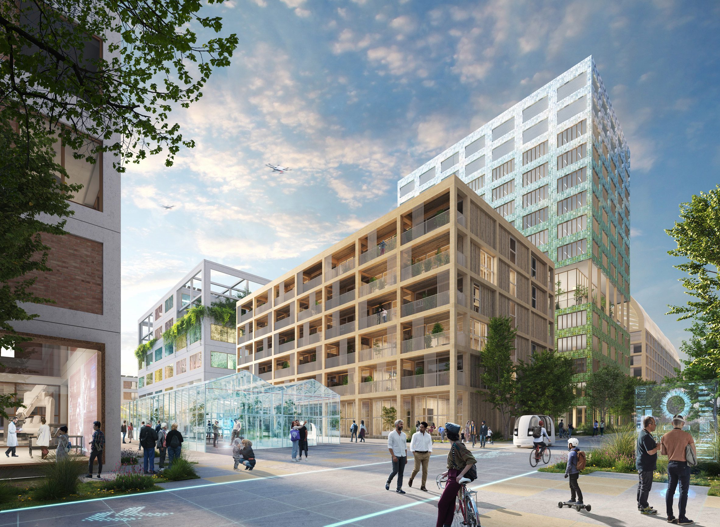 Render of rectangular buildings at the Innovation Park Artificial Intelligence (Ipai) by MVRDV