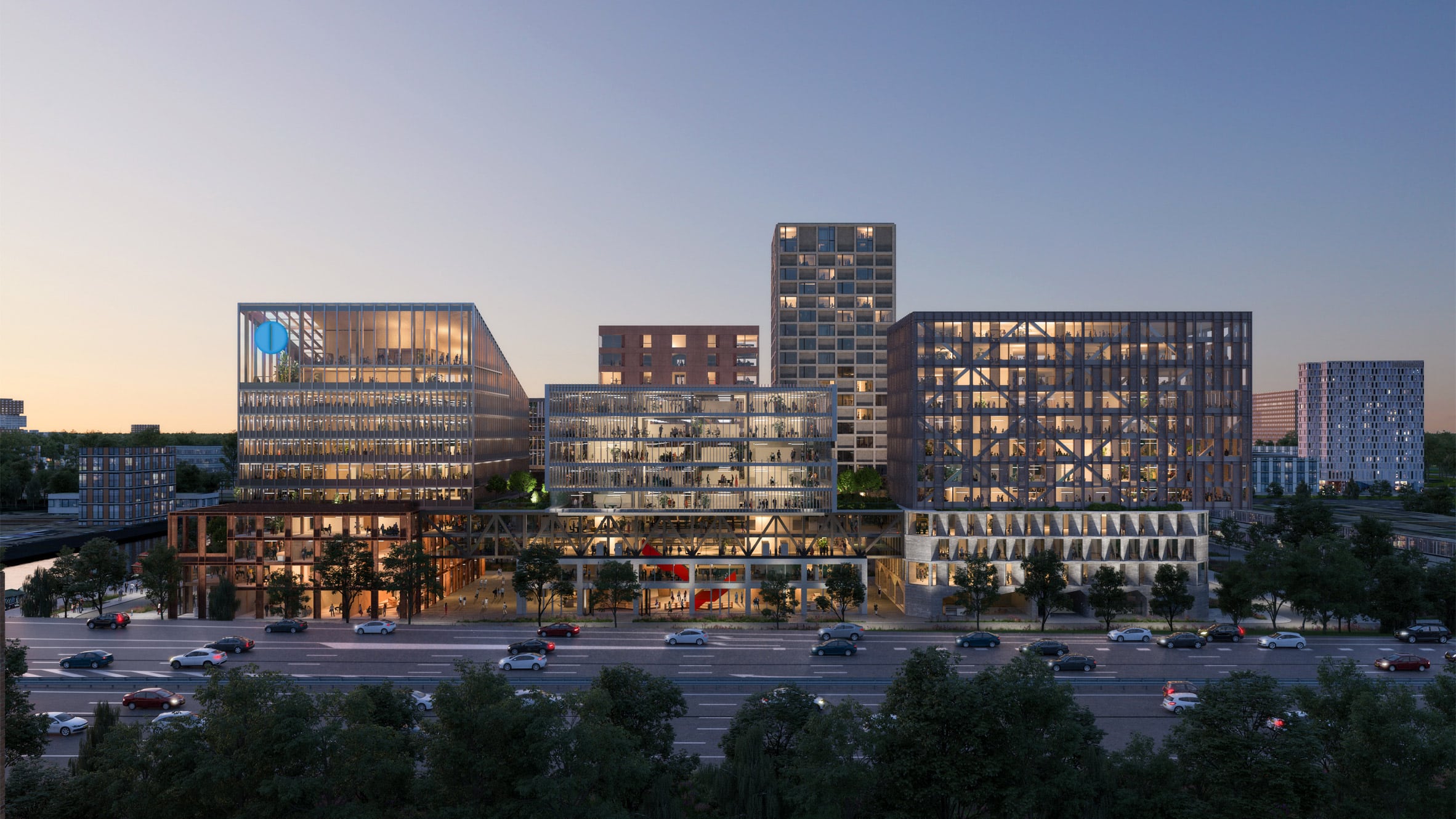 Render of the multiple multi-storey buildings of the Amstel Design District by Mecanoo