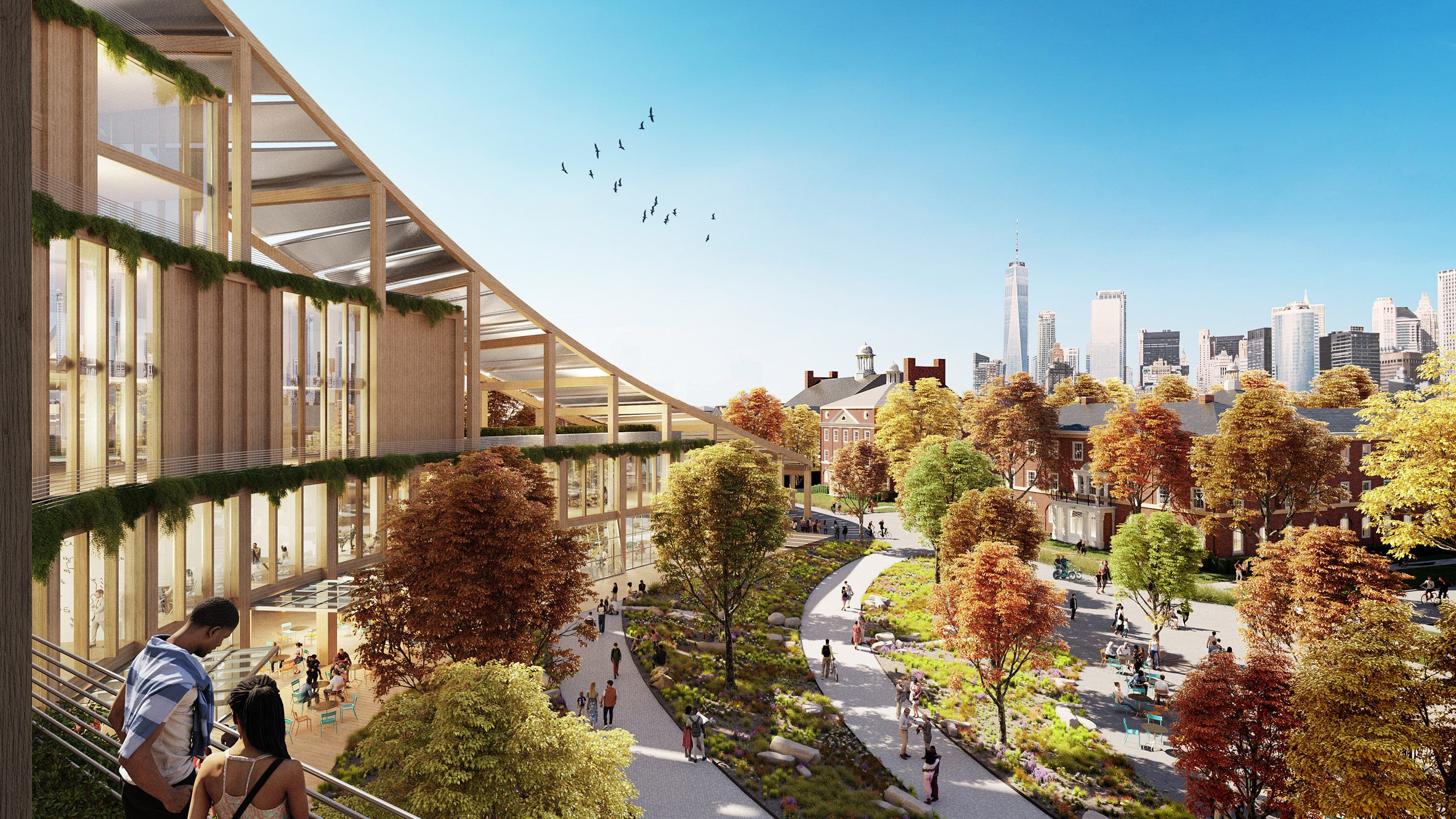 Mass timber structure view from the side at elevation with Manhattan skyline in the background