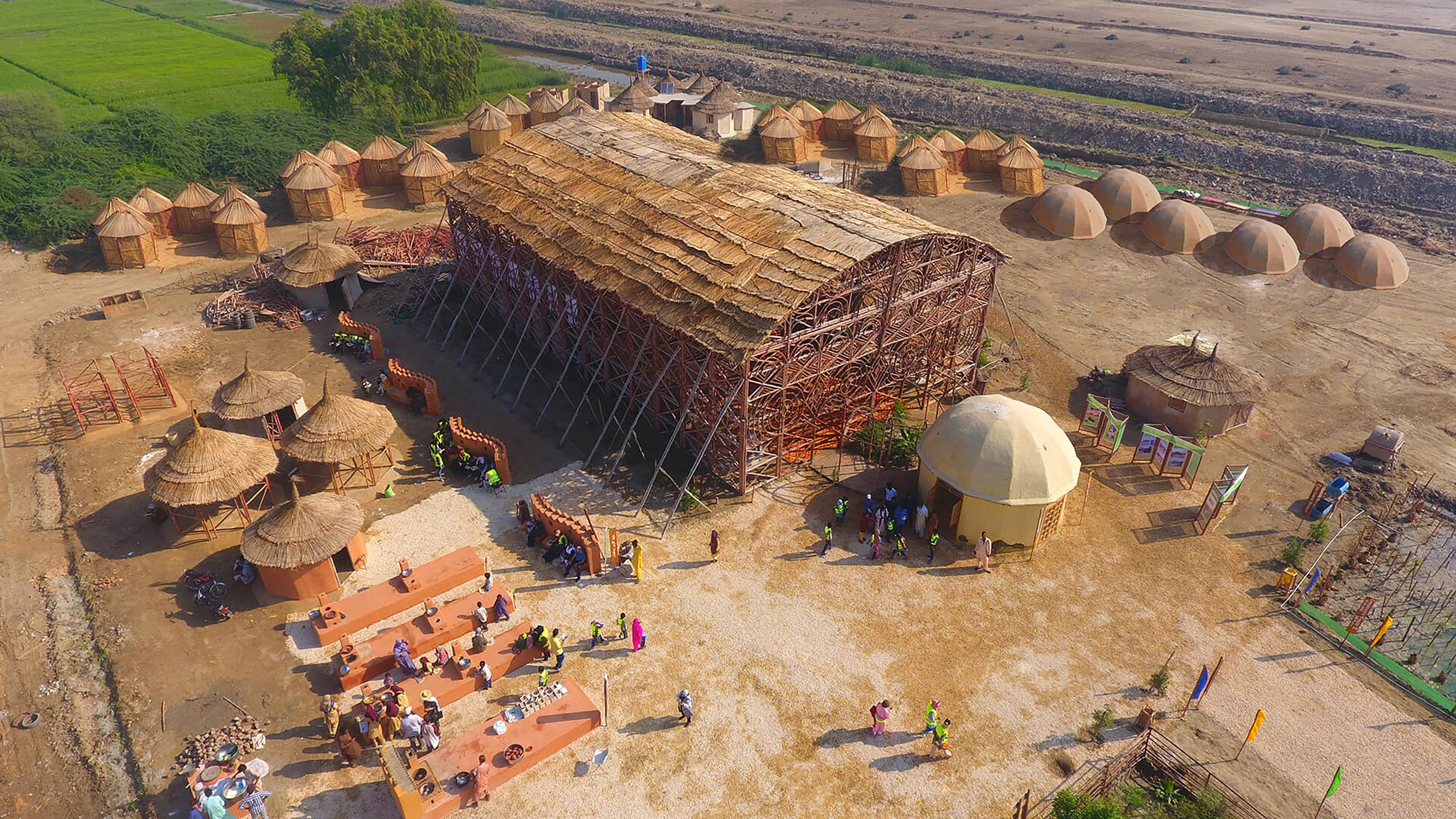 Aerial view of a bamboo pavilion in Makli