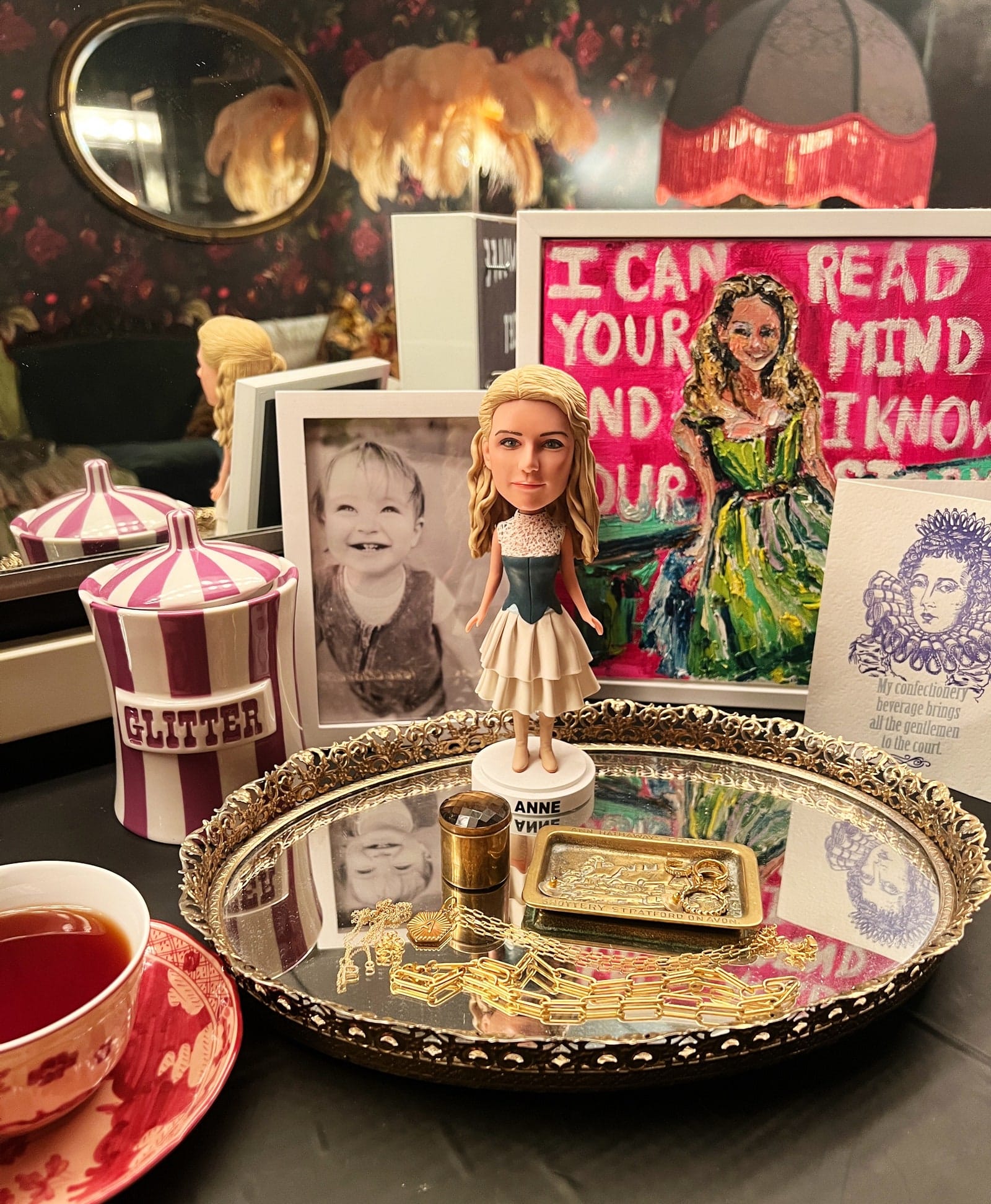 Betsy displays special gifts from opening night on her nanas vintage tray.
