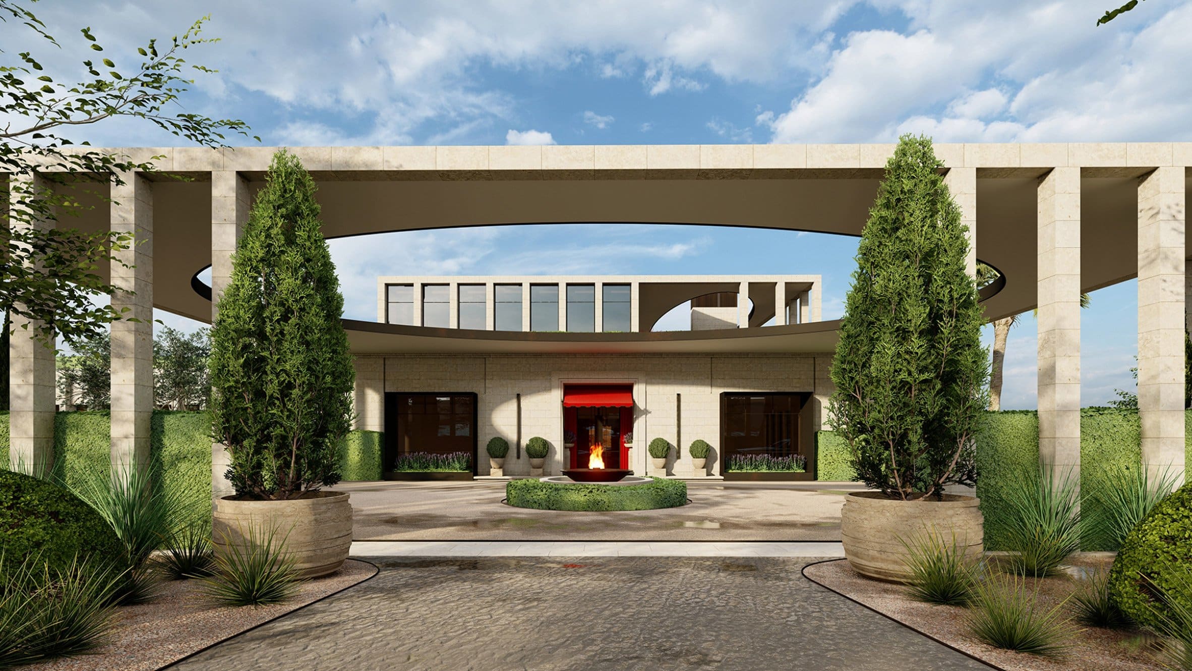 House with stone facade and rounded elements
