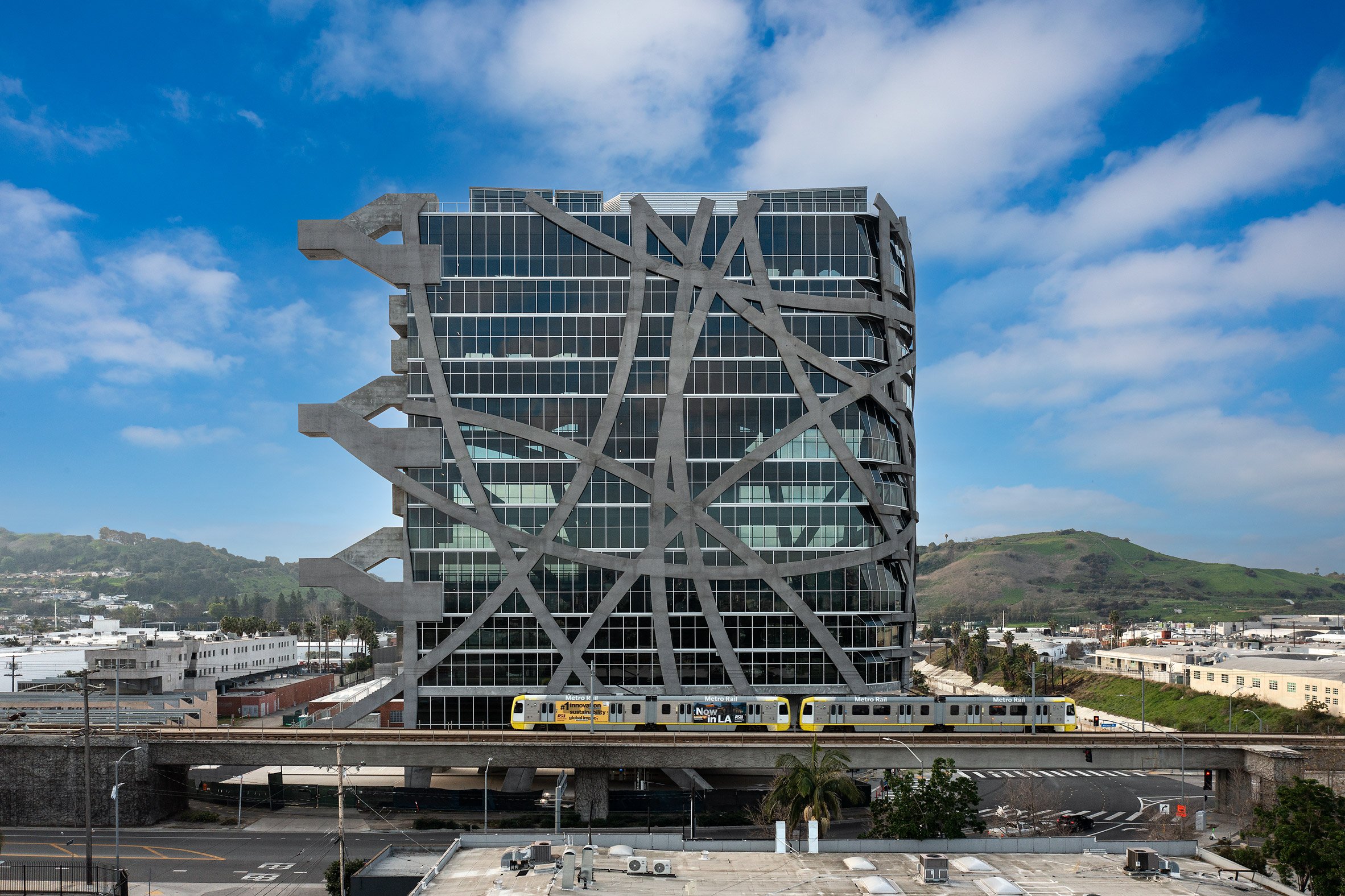 Train and glass facade