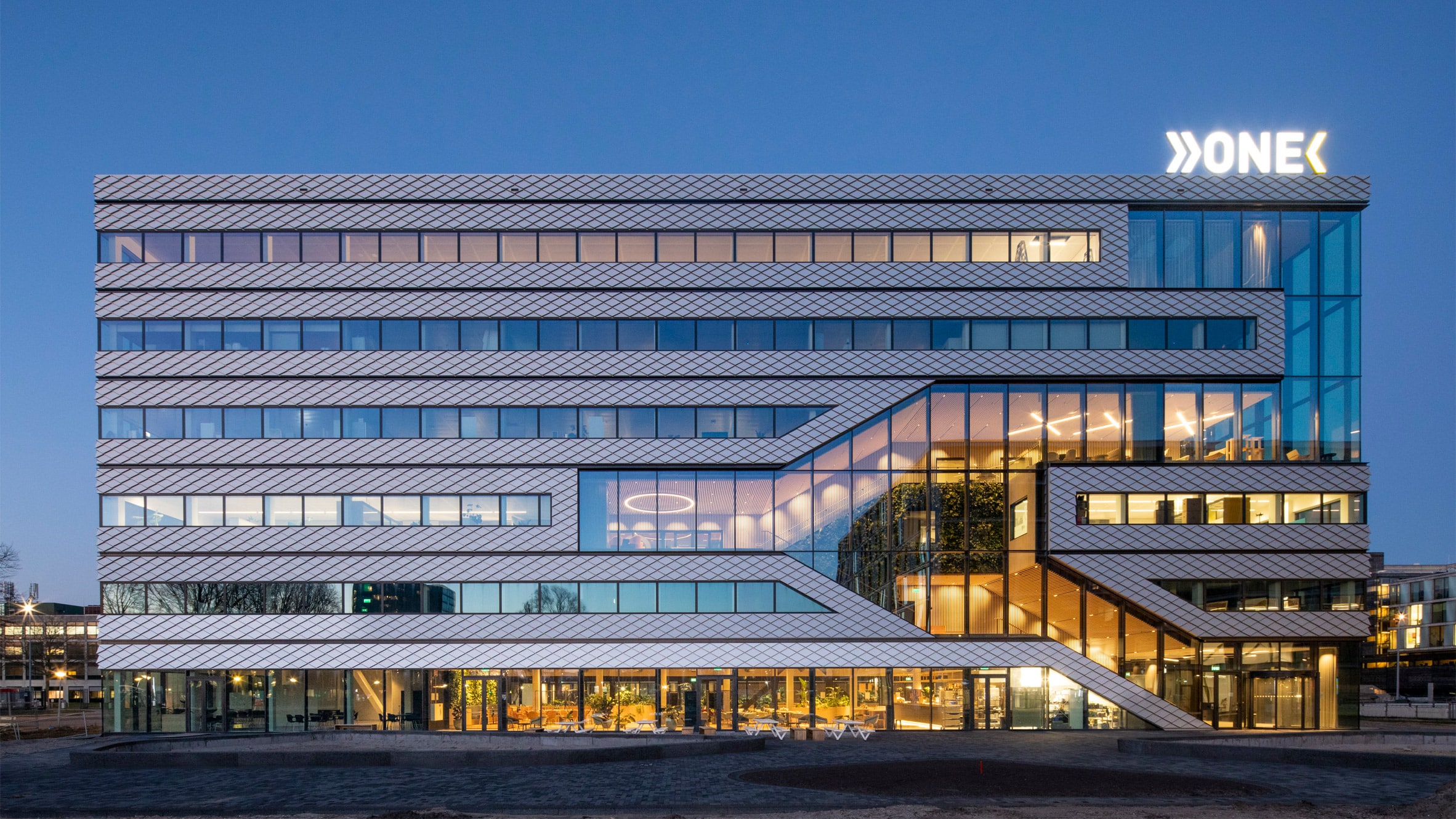 Exterior of the Matrix One six-storey glazed office building by MVRDV