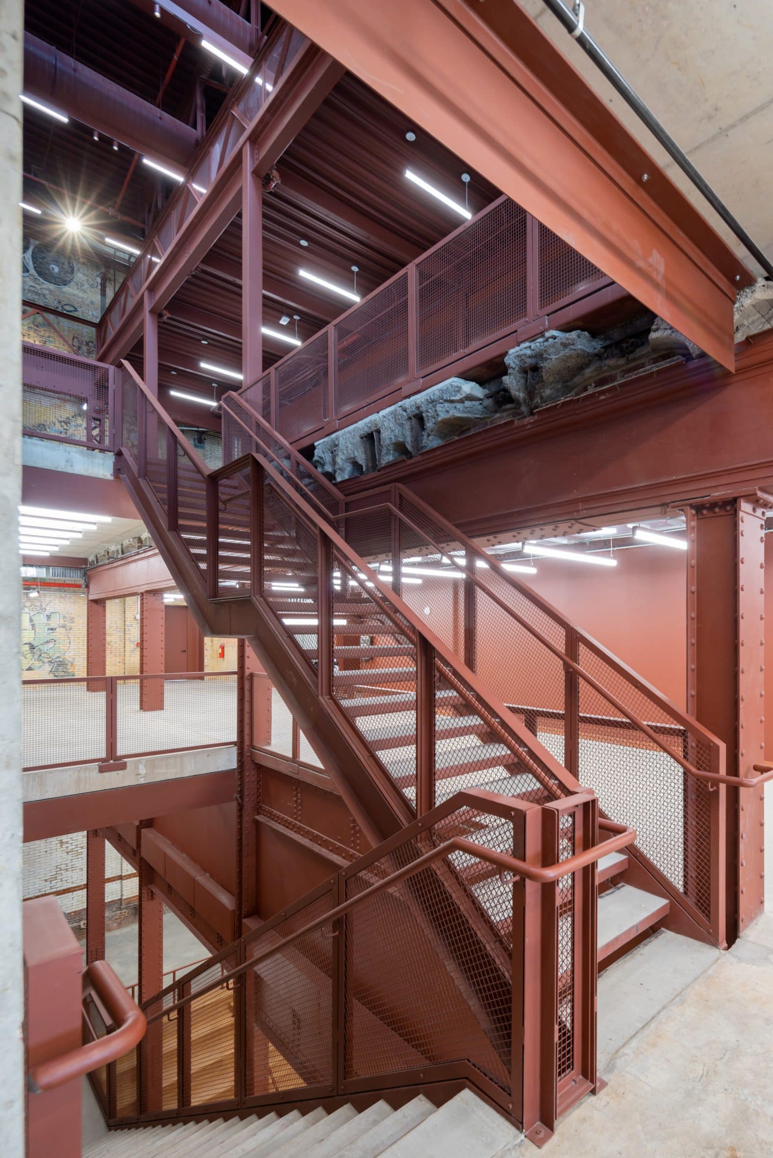 Red staircae in the turbine hall