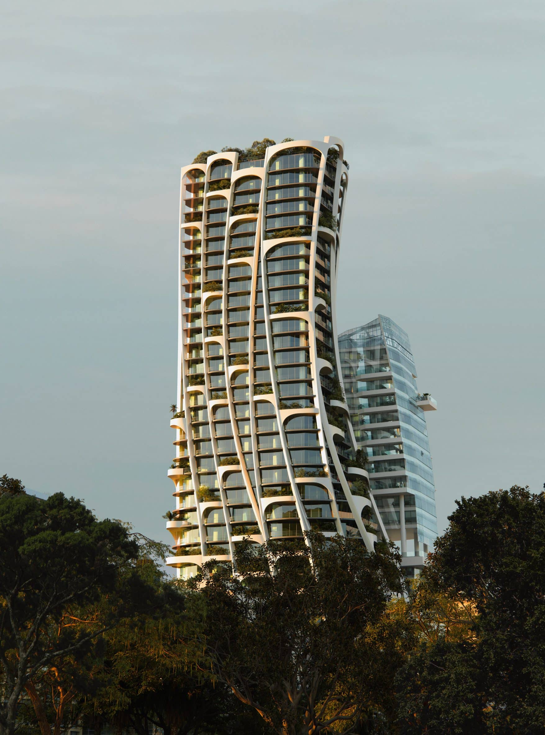 A skyscraper with a twisting facade