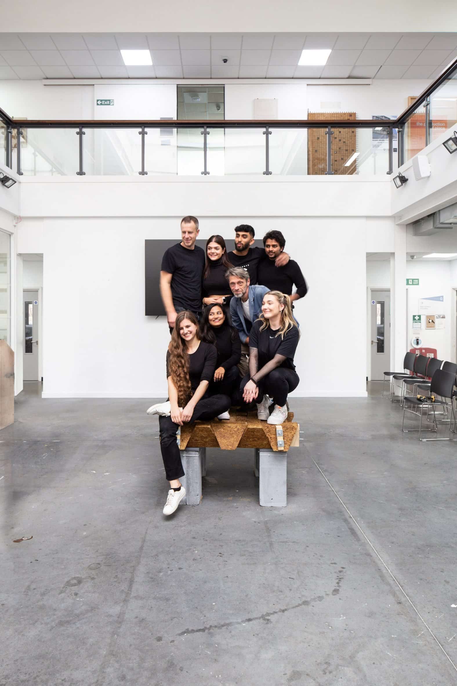 People standing on the Sugarcrete sugarcane waste construction material blocks in an interlocking grid by Grimshaw and the University of East London