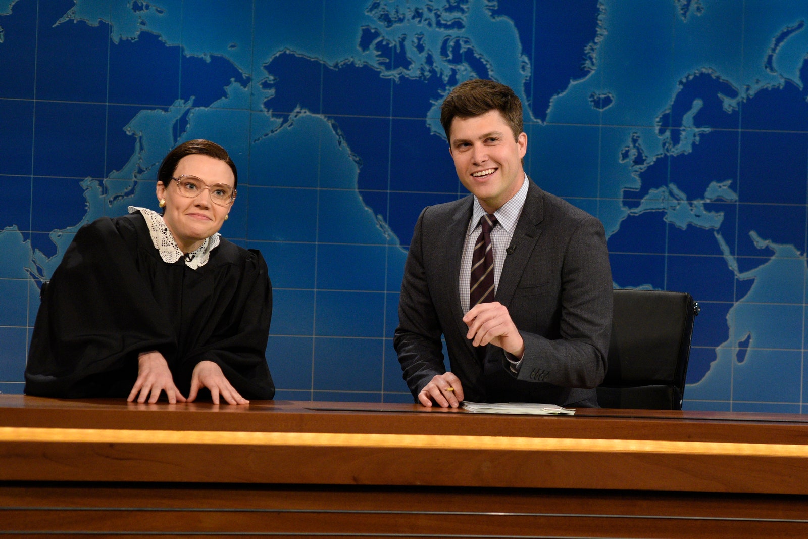Jost  with Kate McKinnon during a 2015 episode of Saturday Night Live which was hosted by Johansson.