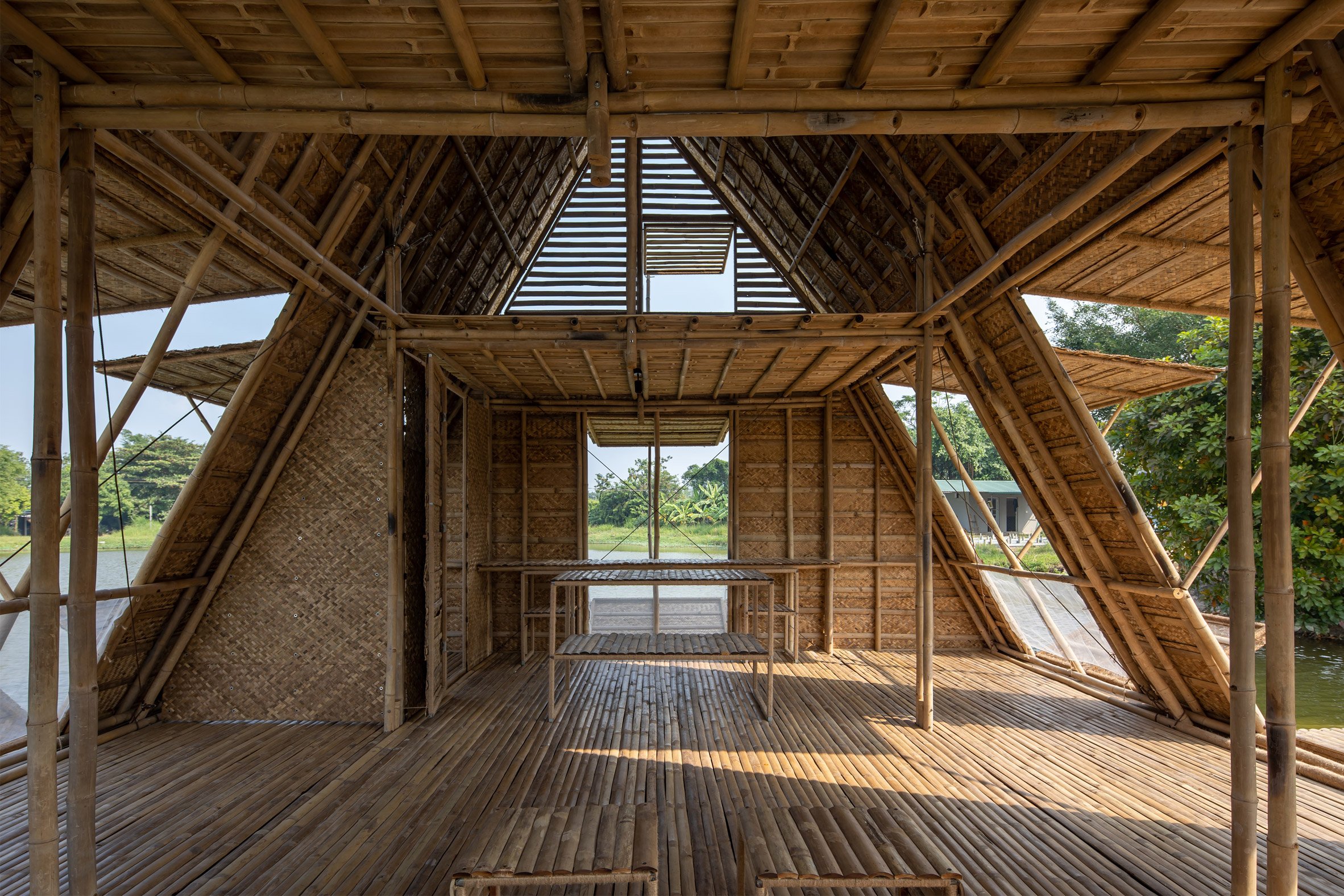 Interior of Floating Bamboo House by H&P Architects