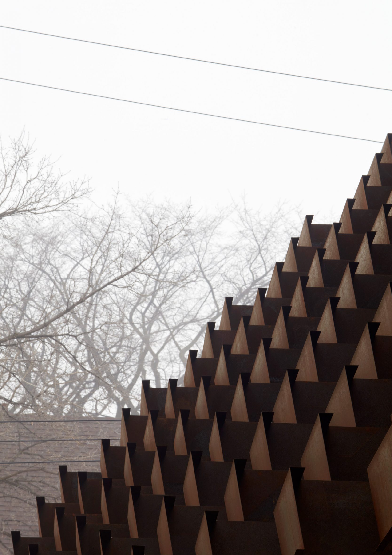 Weathering steel screen detail with cloudy sky and winter trees