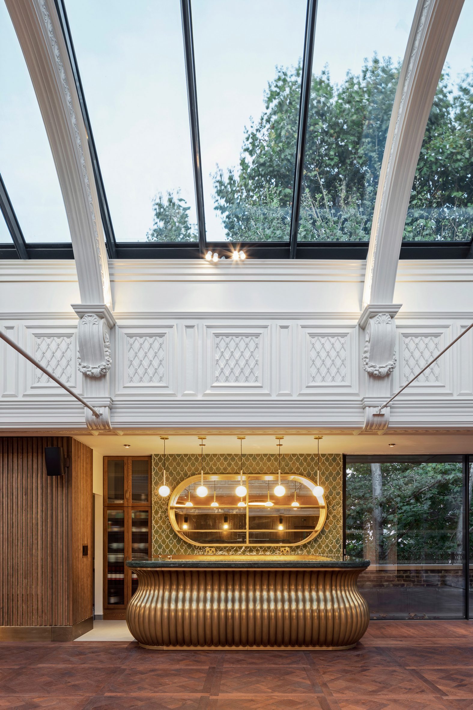 Golden counter below Victorian roof lantern
