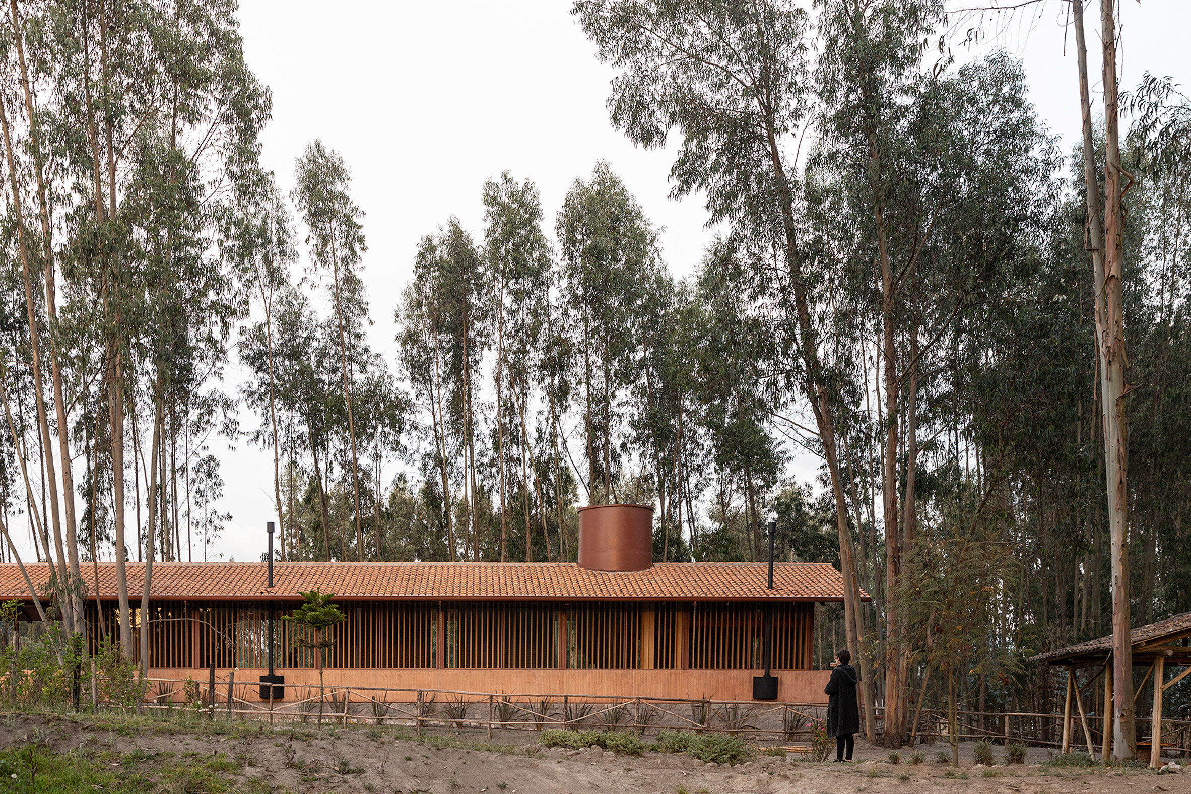 Copper-coloured chimney atop a riding school