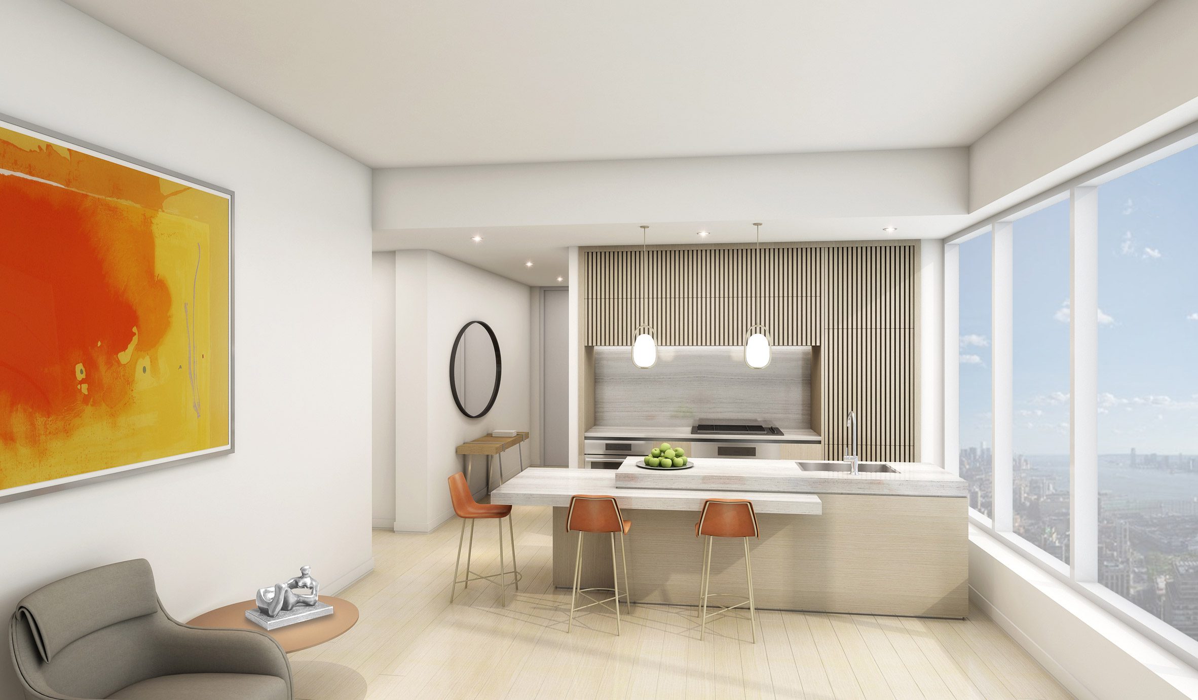 A residential unit with city views and a bright painting 