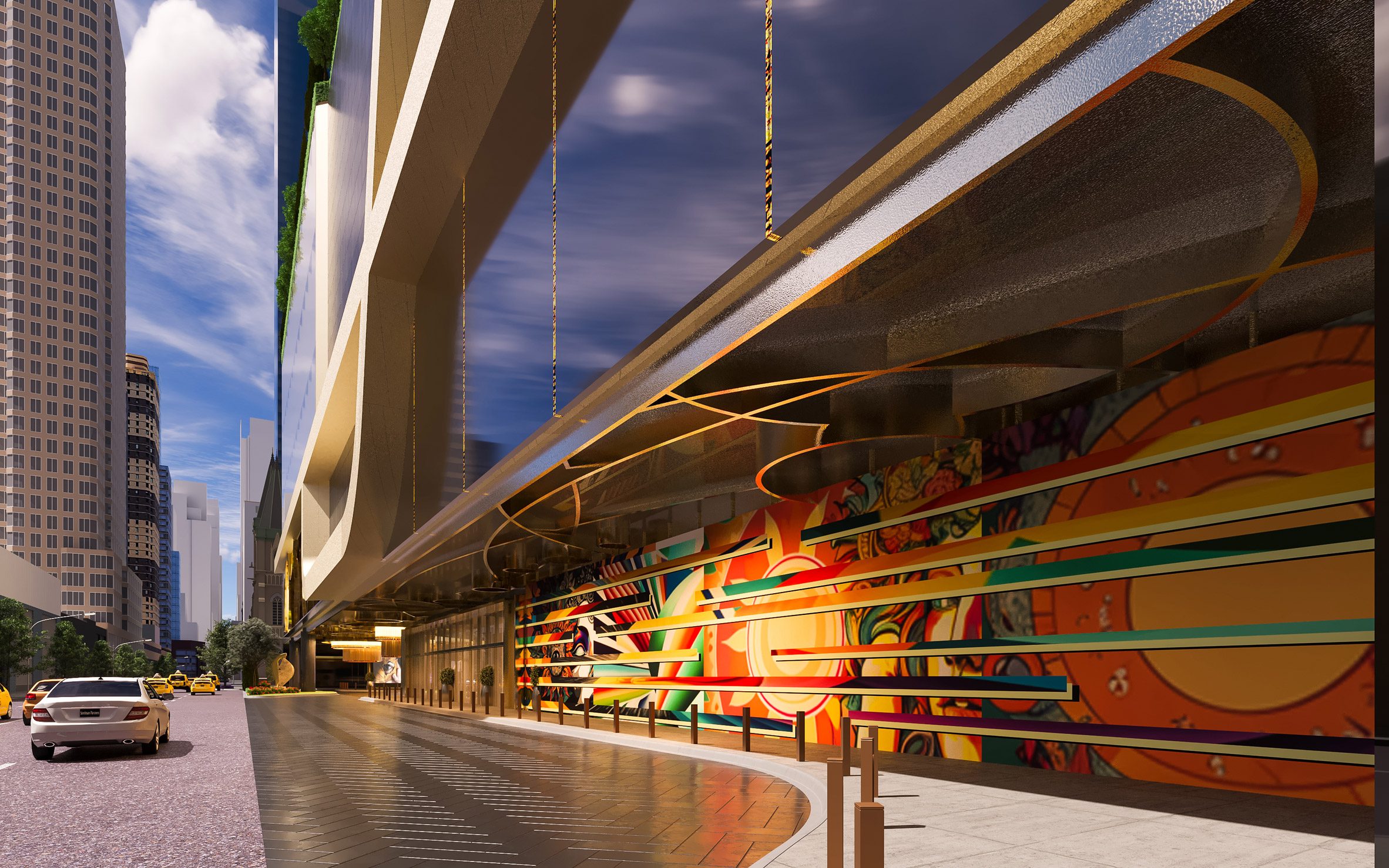 A colorful entrance to a casino with a large glass window