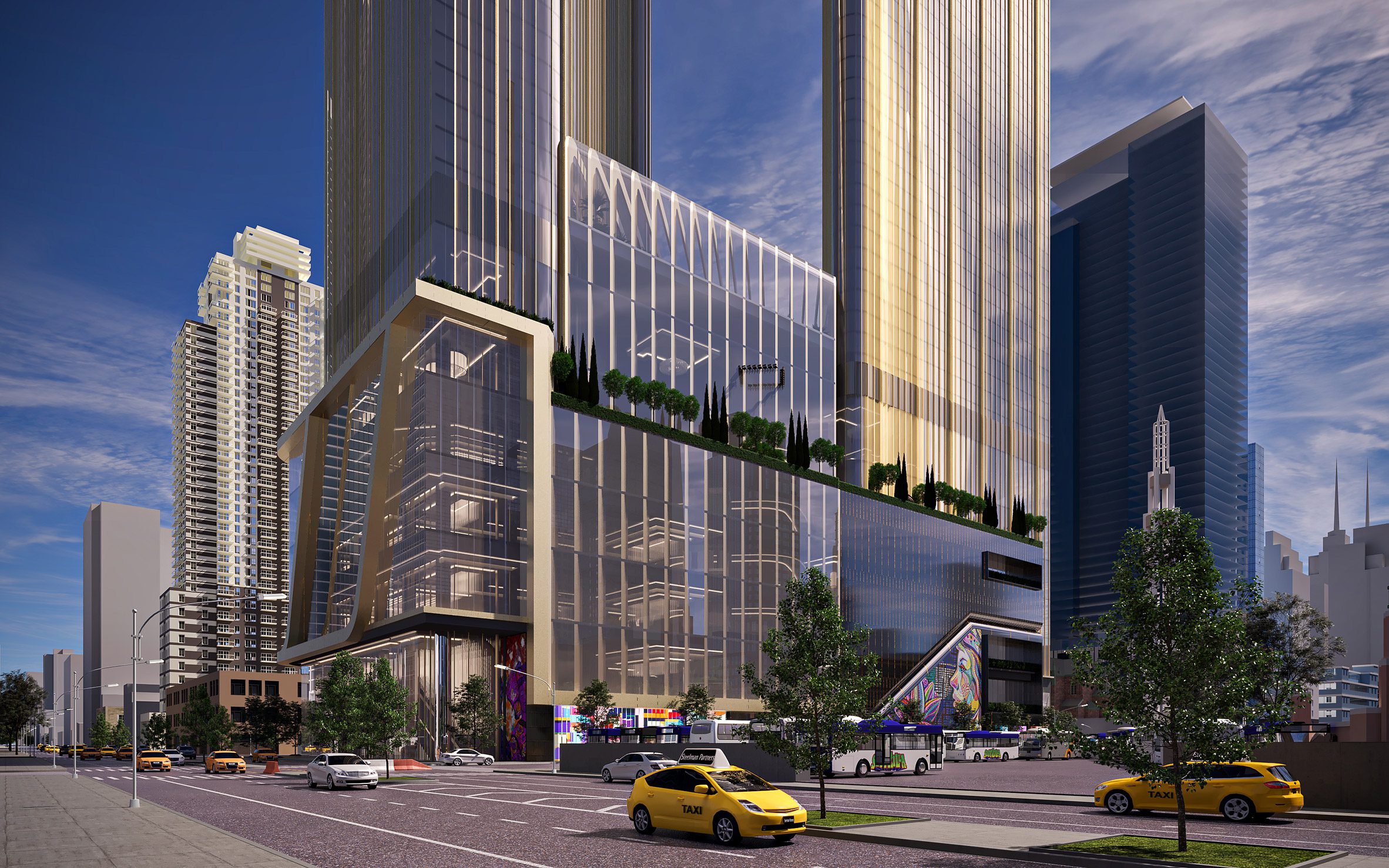 A building with two towers with a glass facade