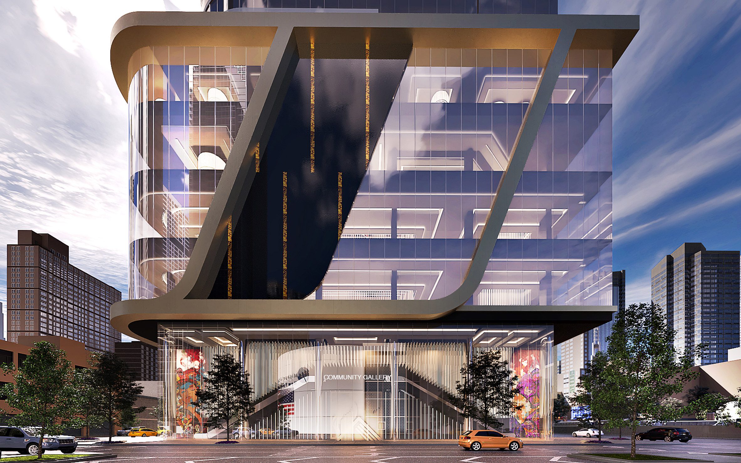 A rendering of a glass facade with curved corners 