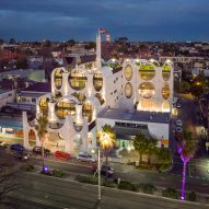 Aerial image of the Victorian Pride Centre at night