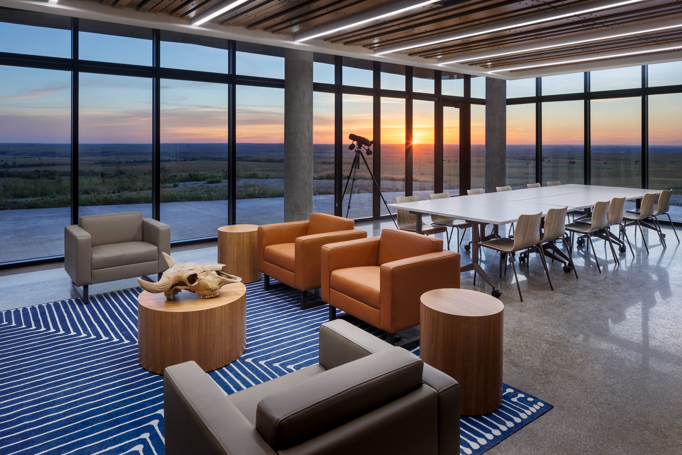Interior of research centre with floor-to-ceiling glazing