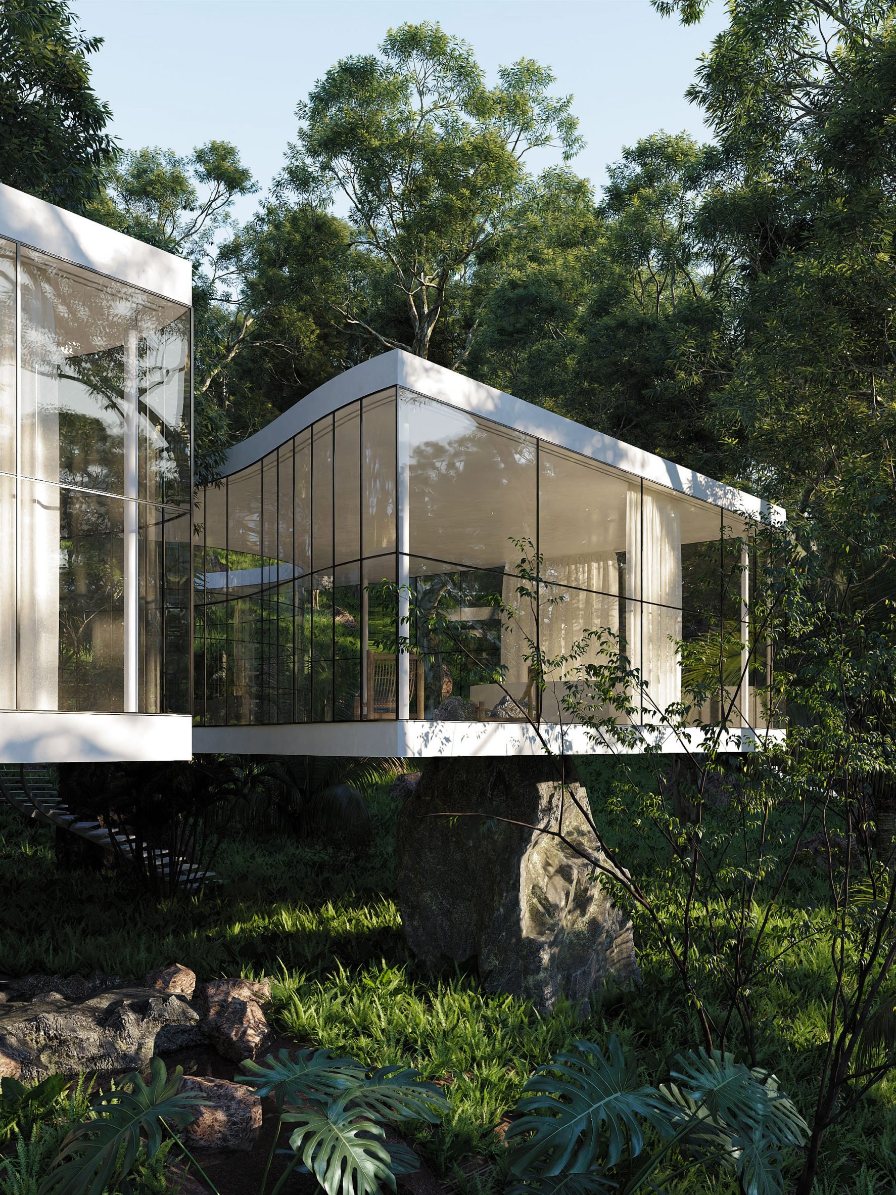 Modernist home raised on large boulders in the jungle