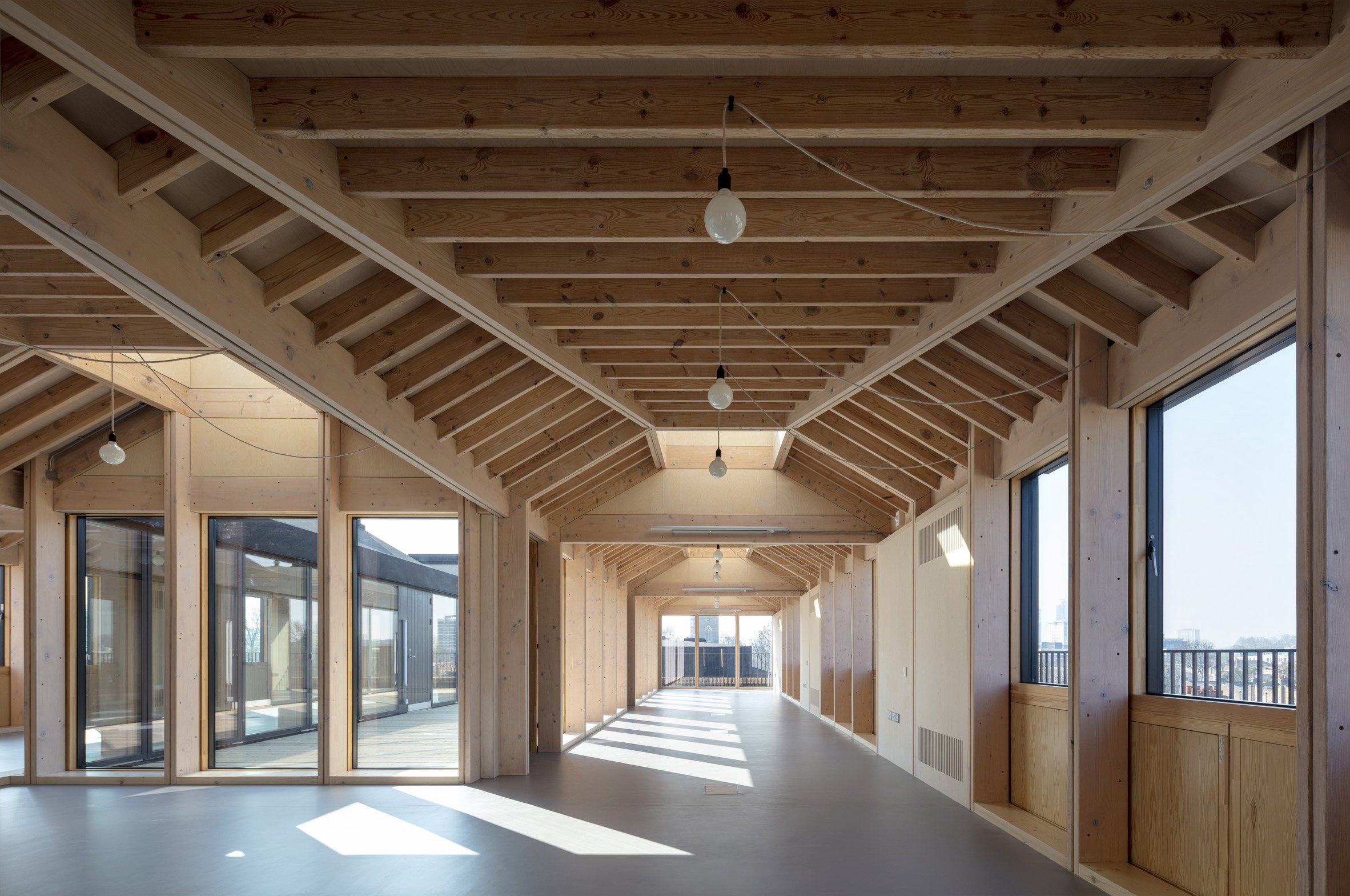 Interior photo of a rooftop workspace