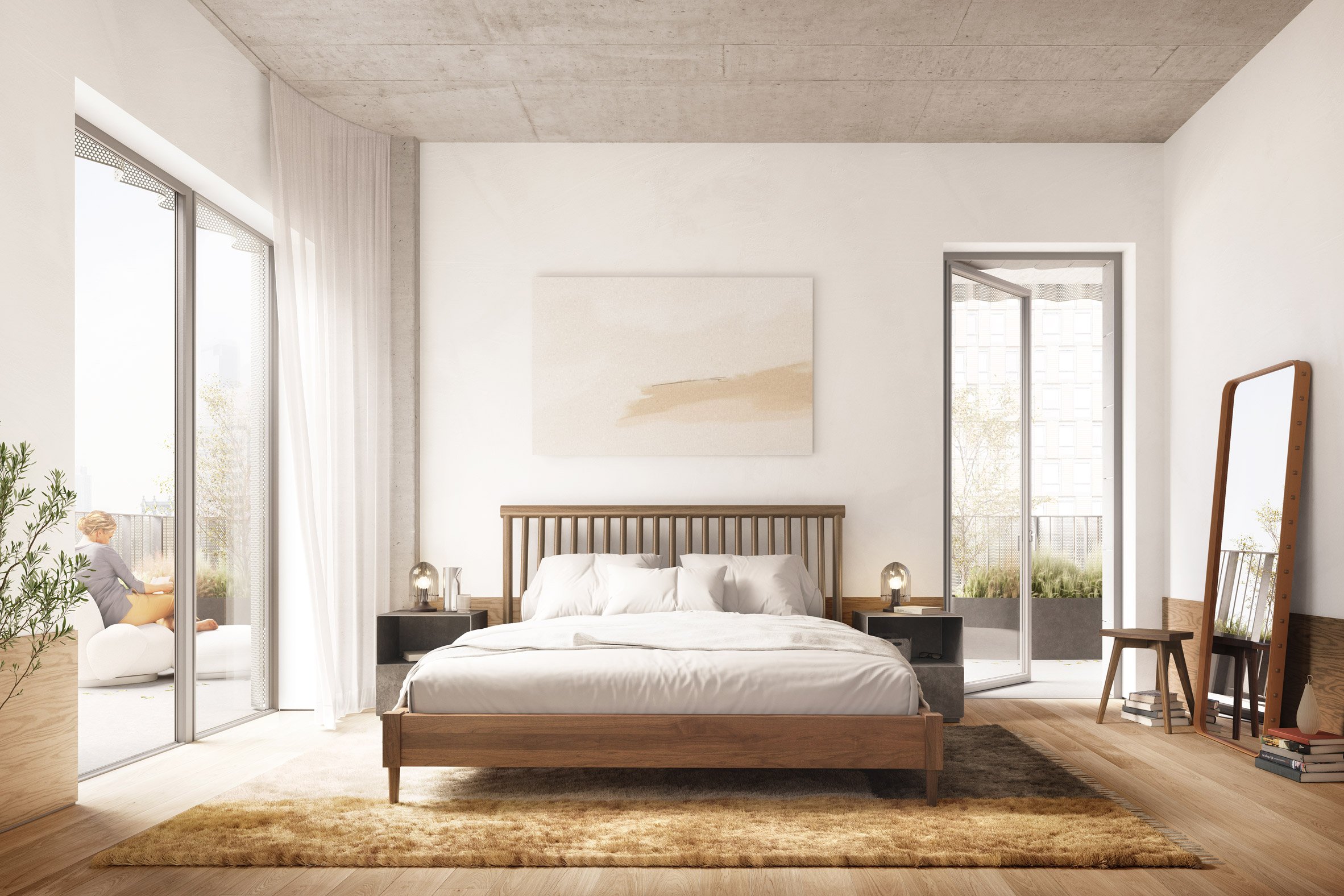 A large bedroom with entrances to an outdoor terrace on either side