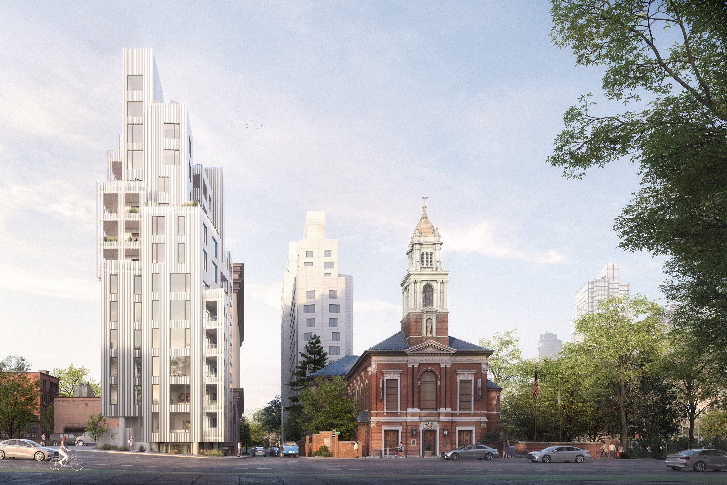 A residential tower in Brooklyn located next to a chapel