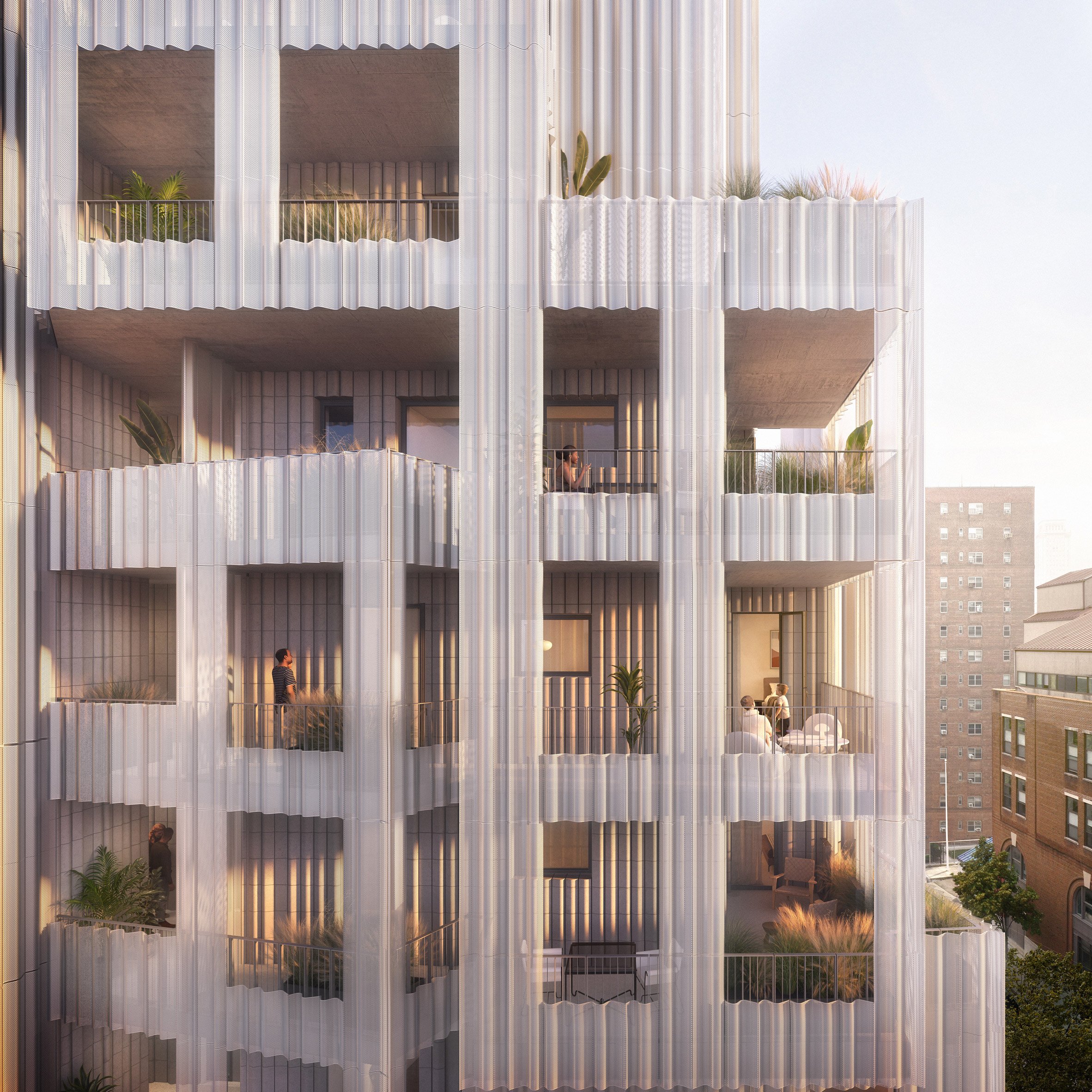 A building made of angled volumes with multiple terraces