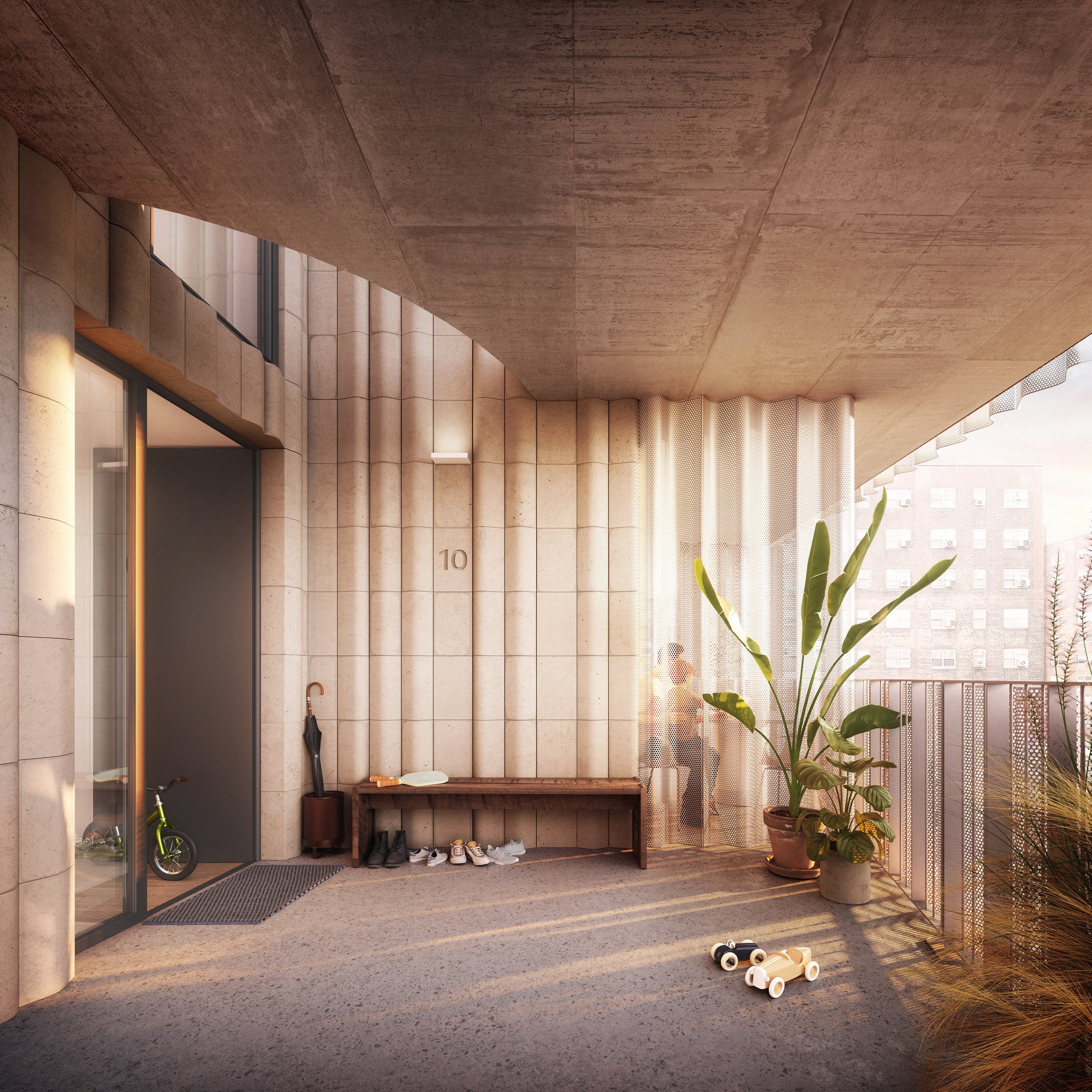 A terrace with a concrete roof and a semi-circle opening