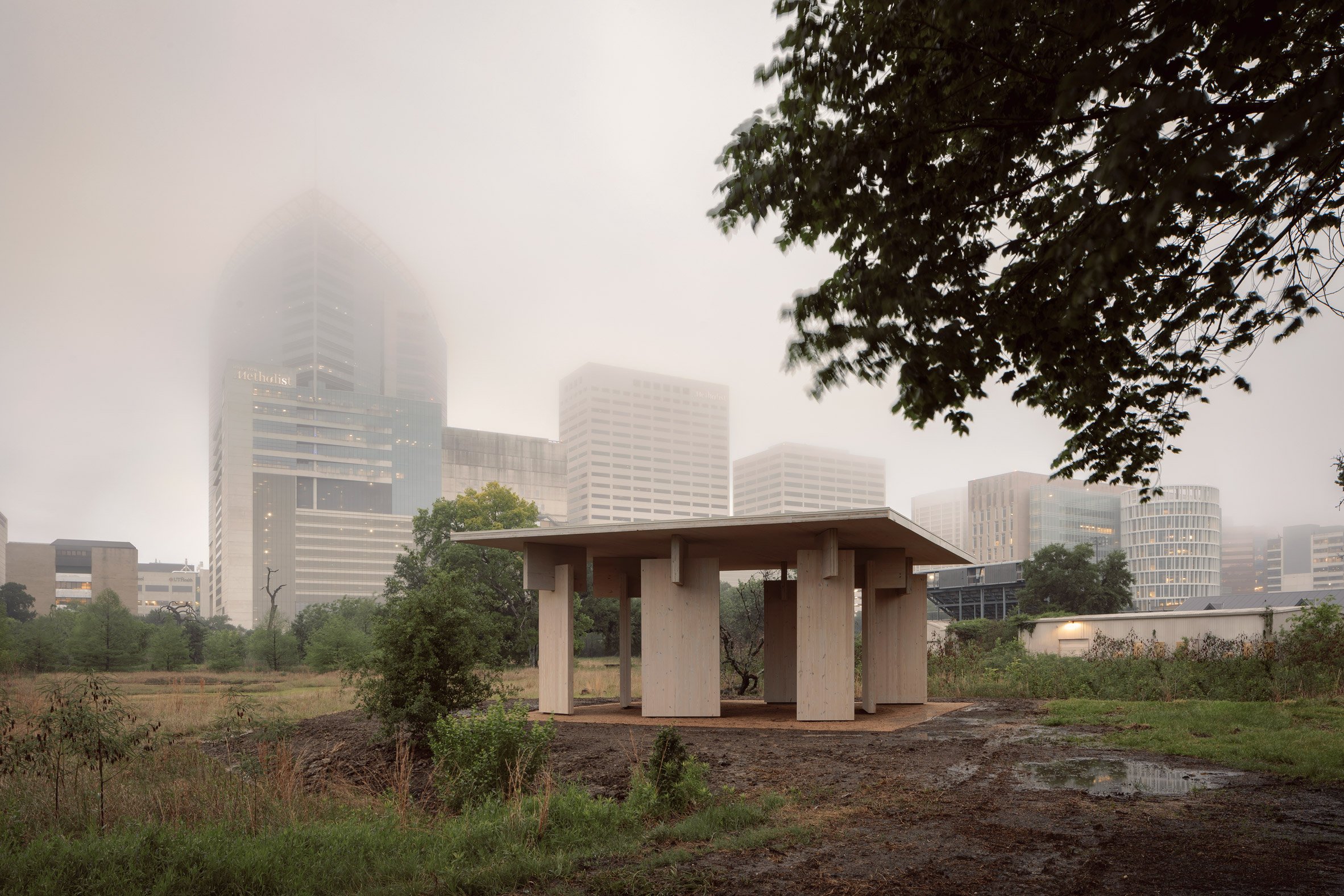 A timber pavilion on a campus in Houston