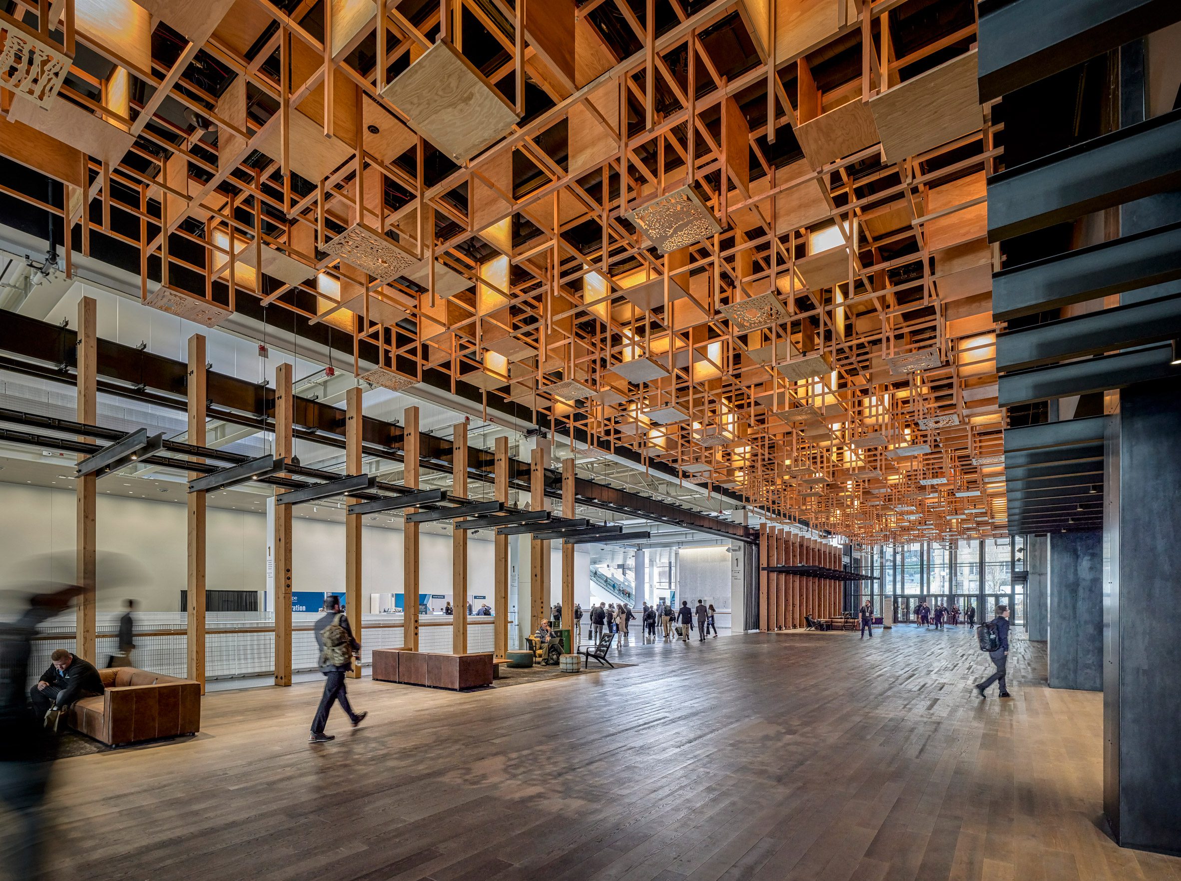 A textured ceiling made made of interlocking wood texture
