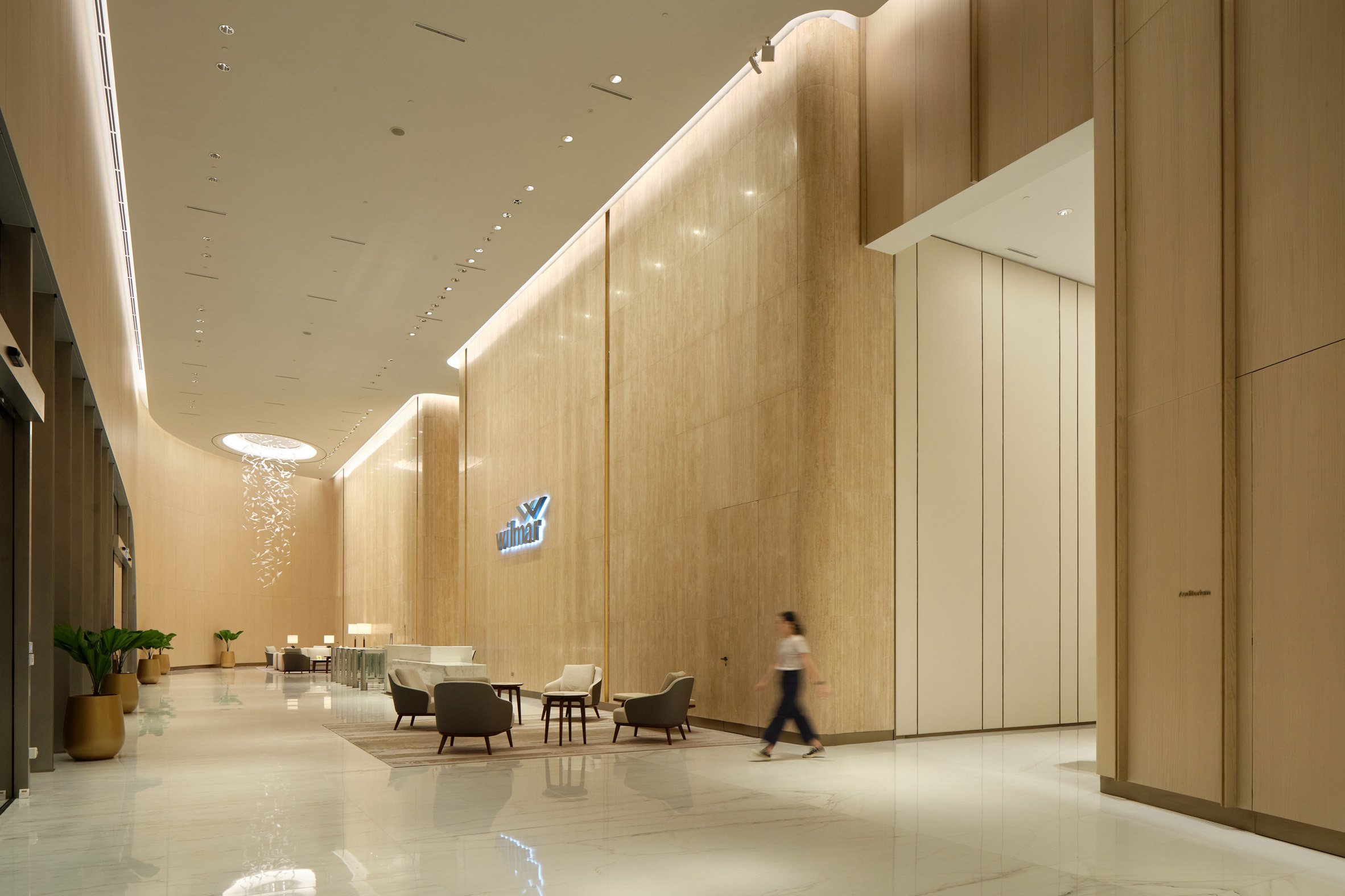 Travertine-lined office reception