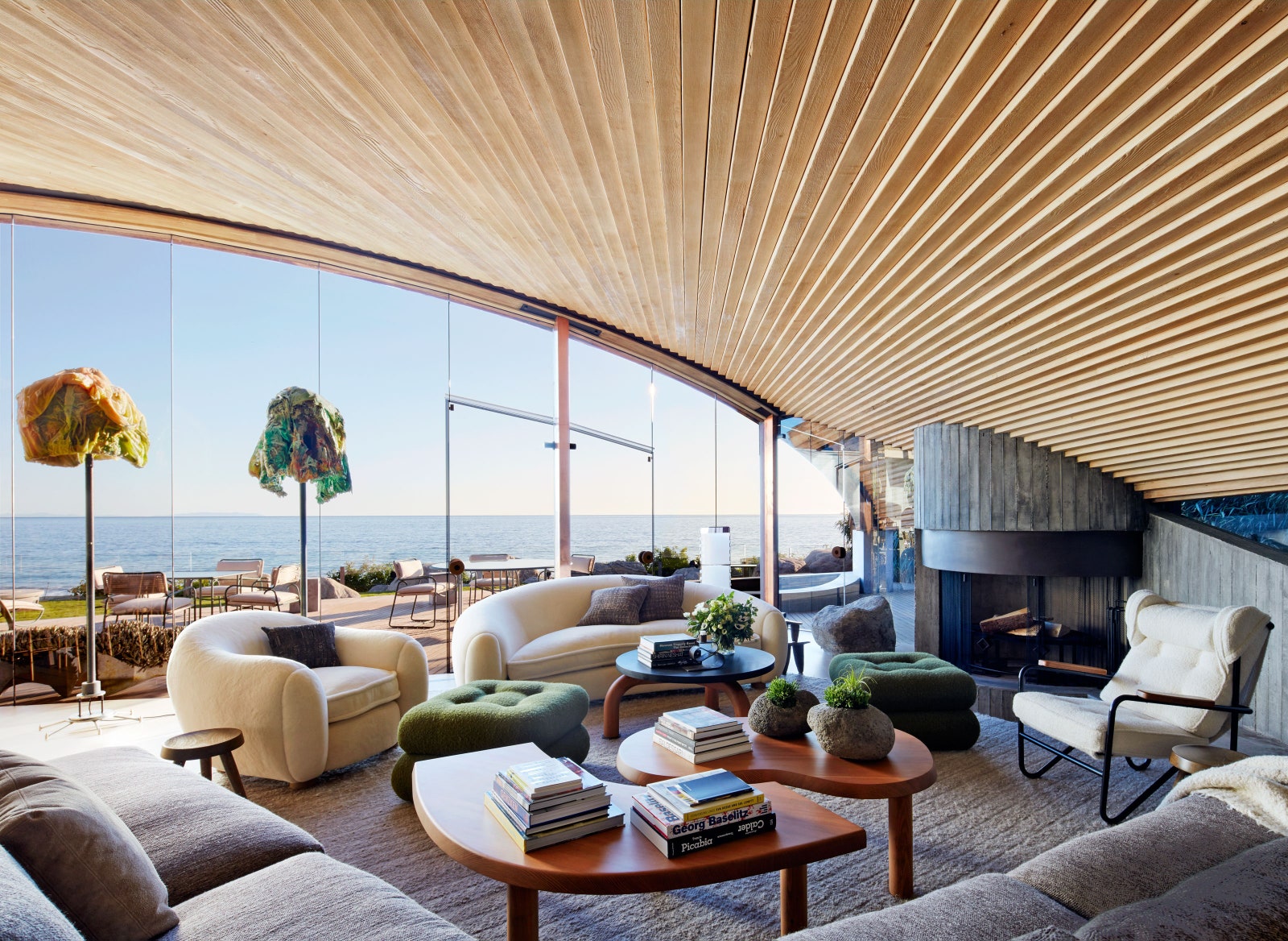 A polarbear sofa and chair in a Malibu beach house by John Lautner.
