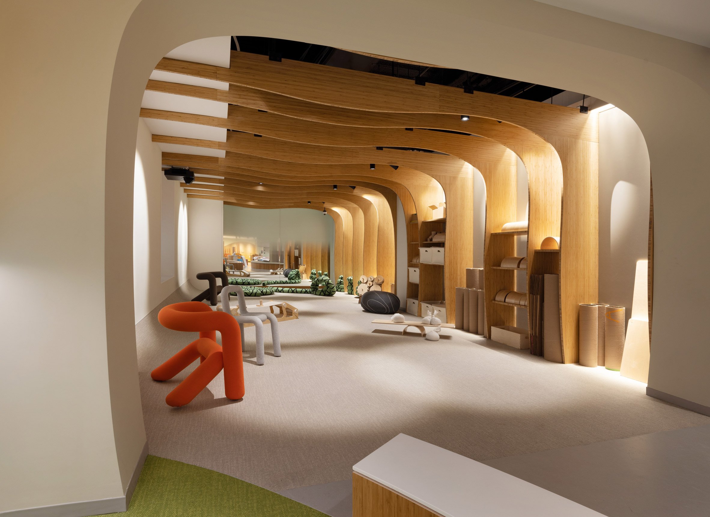 A hallway with a series of wooden archways