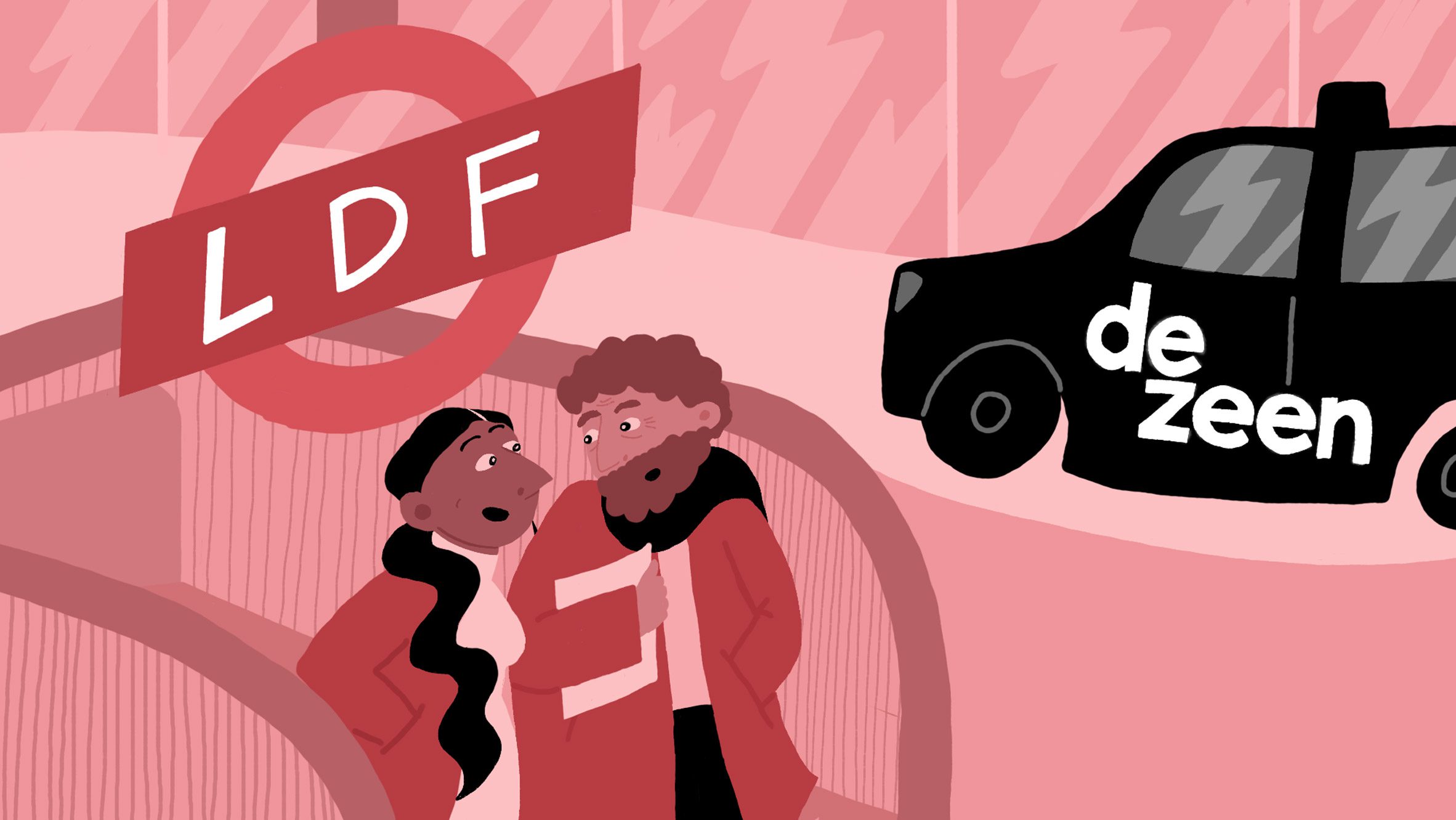 Illustration of people using the London Underground and a black taxi