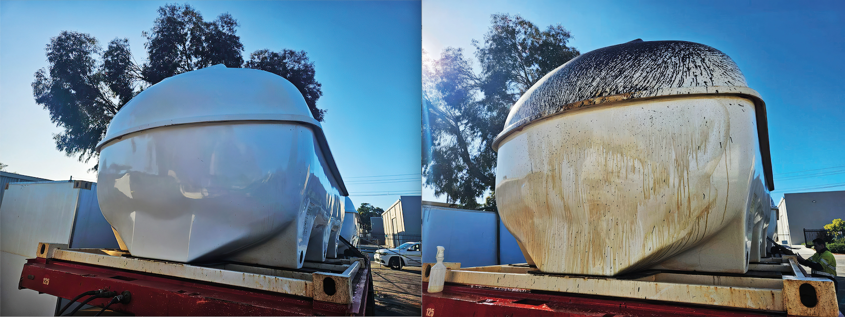 The before and after of using Recosol 195 to clean bitumen and other contaminants off a tank.