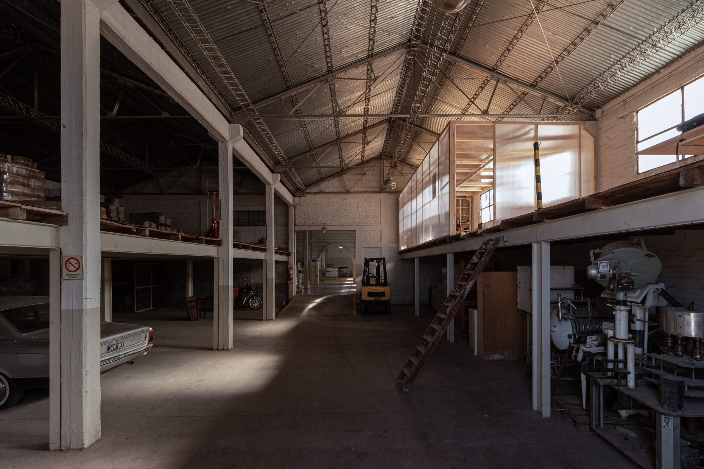 Industrial warehouse with metal gabled roof