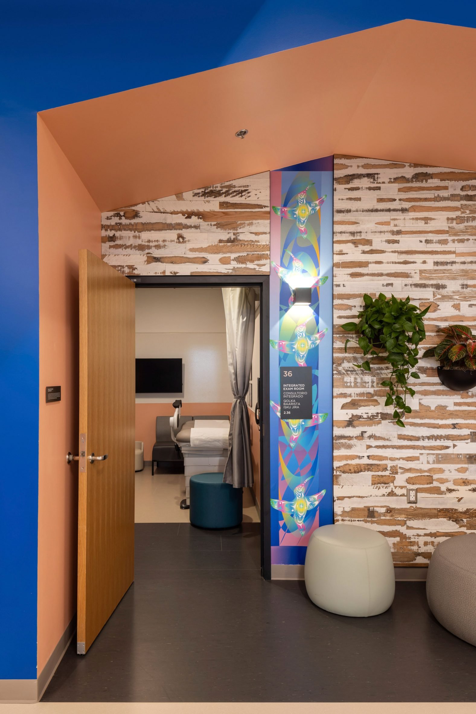 Colourful geometric arches within children's clinic