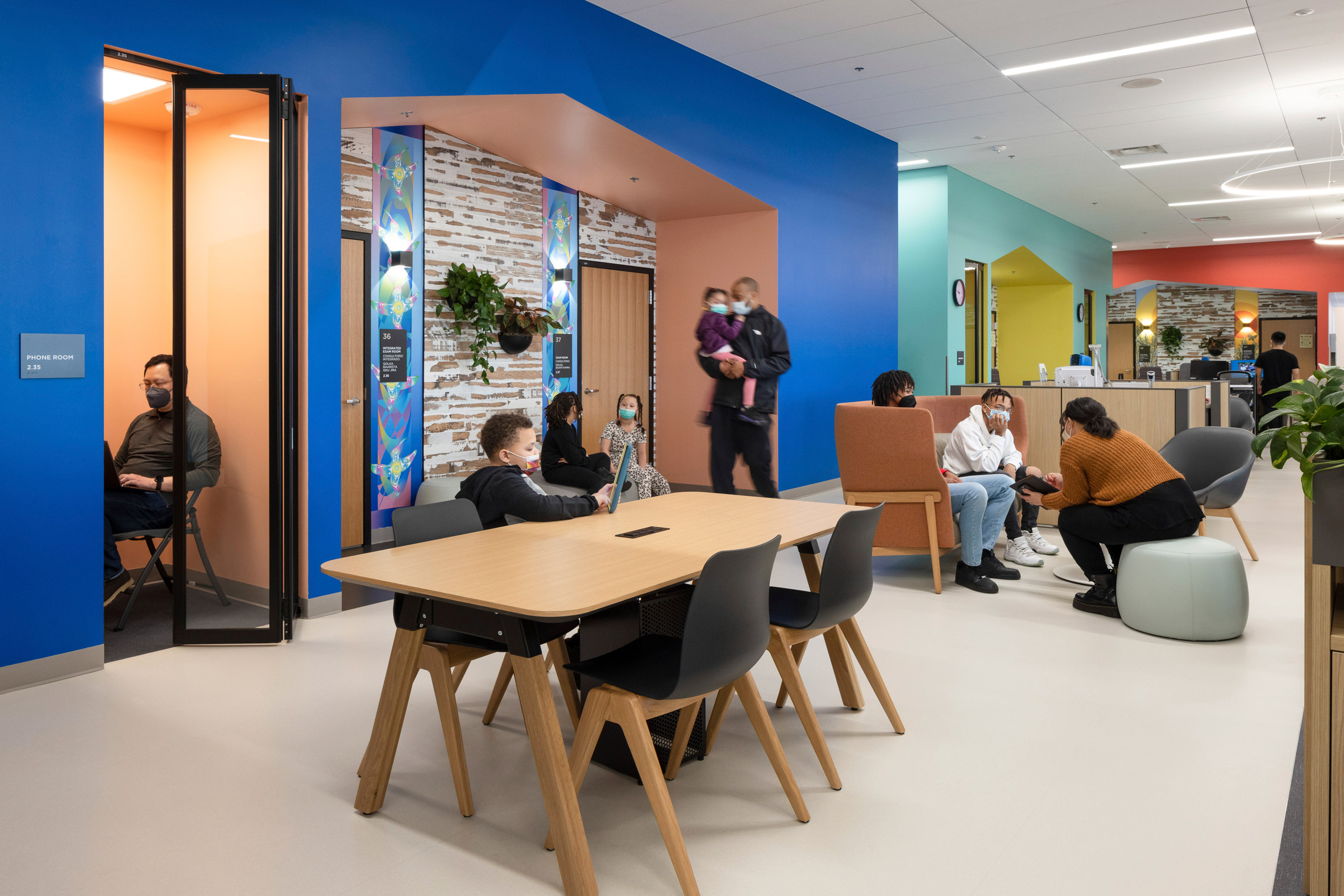 Colourful walls with tables and chairs